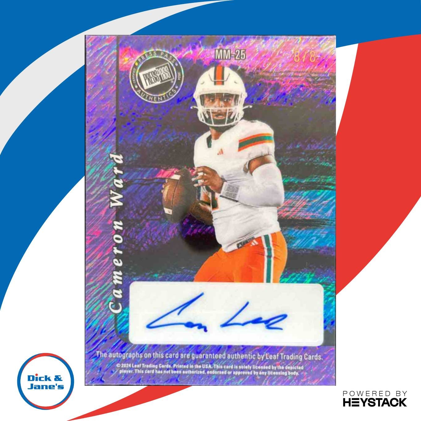 2024 Leaf Collective Dual Auto Jim Kelly Cam Ward Mash Up Purple/8 Hurricanes QB - Sports Cards