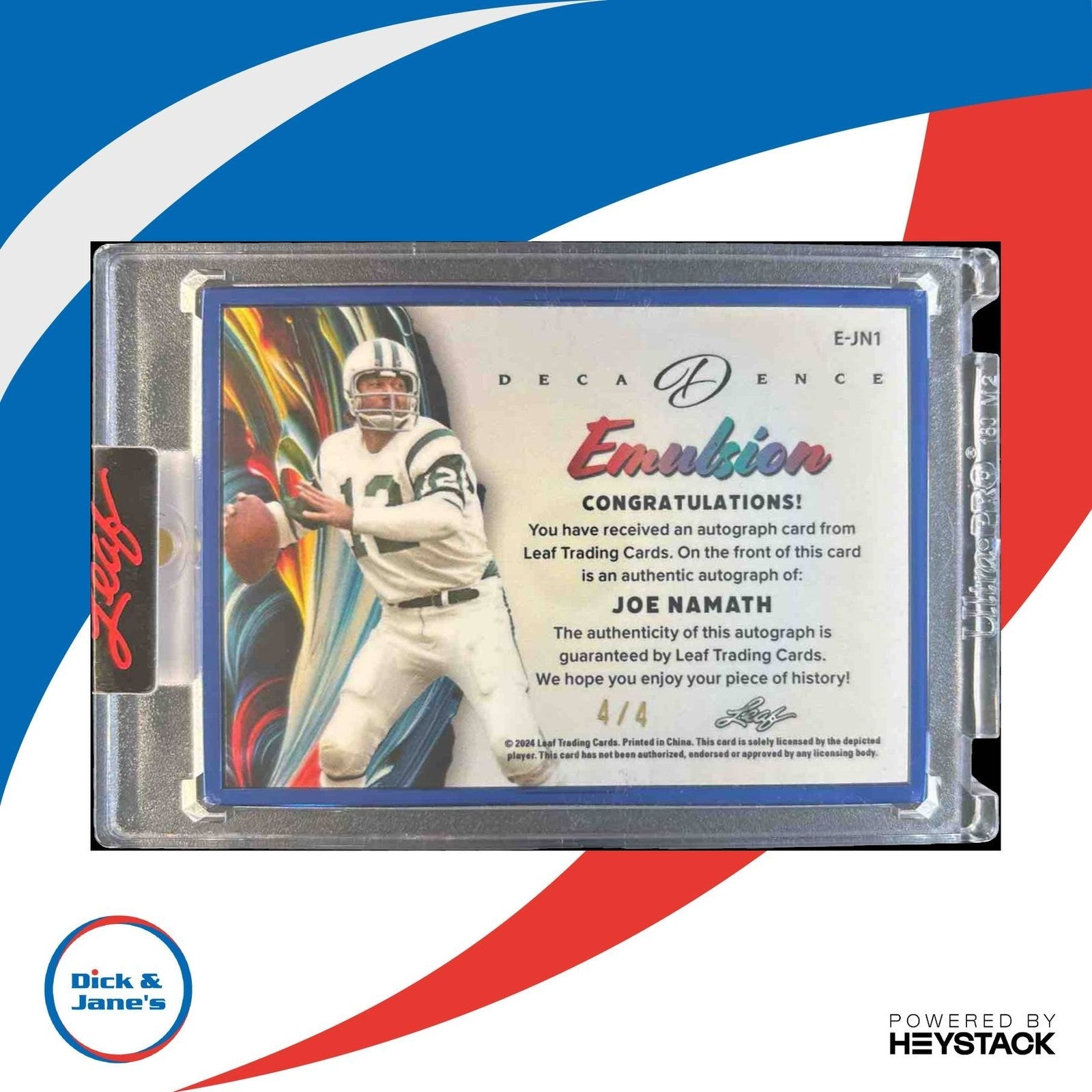 2024 Leaf Decadence Joe Namath Emulsion Auto Blue 4/4 Hall of Fame New York Jets - Sports Cards