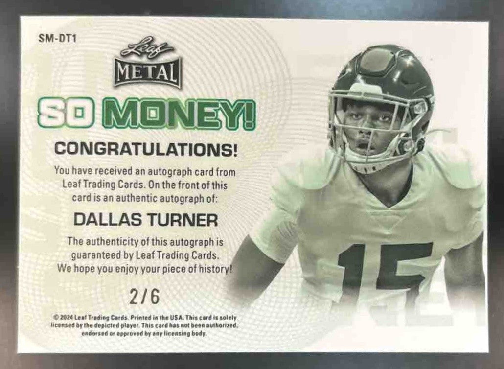 2024 Leaf Metal Dallas Turner So Money! Crystal Purple /6 Auto Crimson Tide - Sports Cards