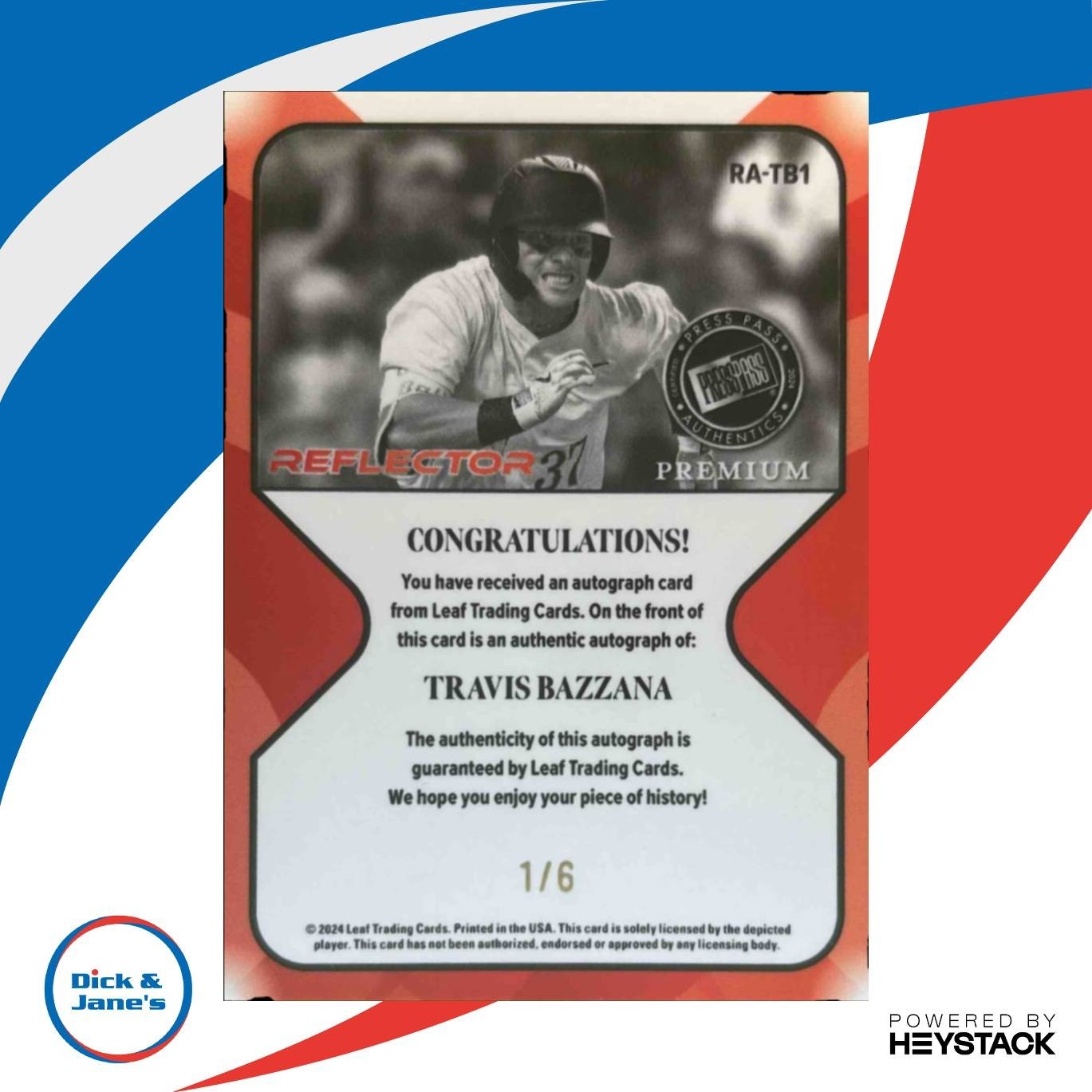 2024 Leaf Press Pass Premium Travis Bazzana Retro Auto - Reflector /6 #RA-TB1 - Sports Cards