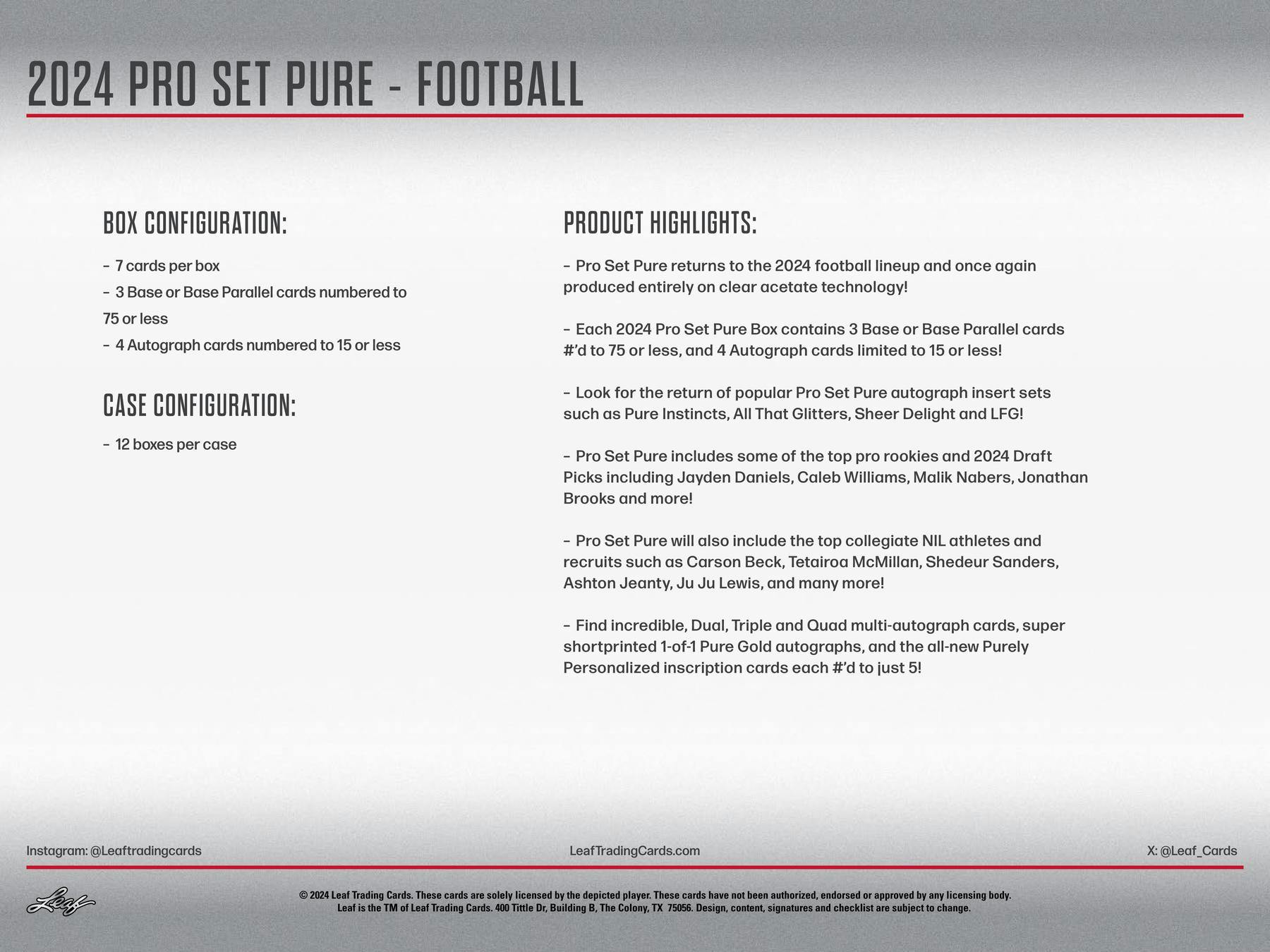 2024 Leaf Pro Set Pure Football Solo Plus Edition Pack (1 Auto + 1 Base Card) NFL Hobby Box