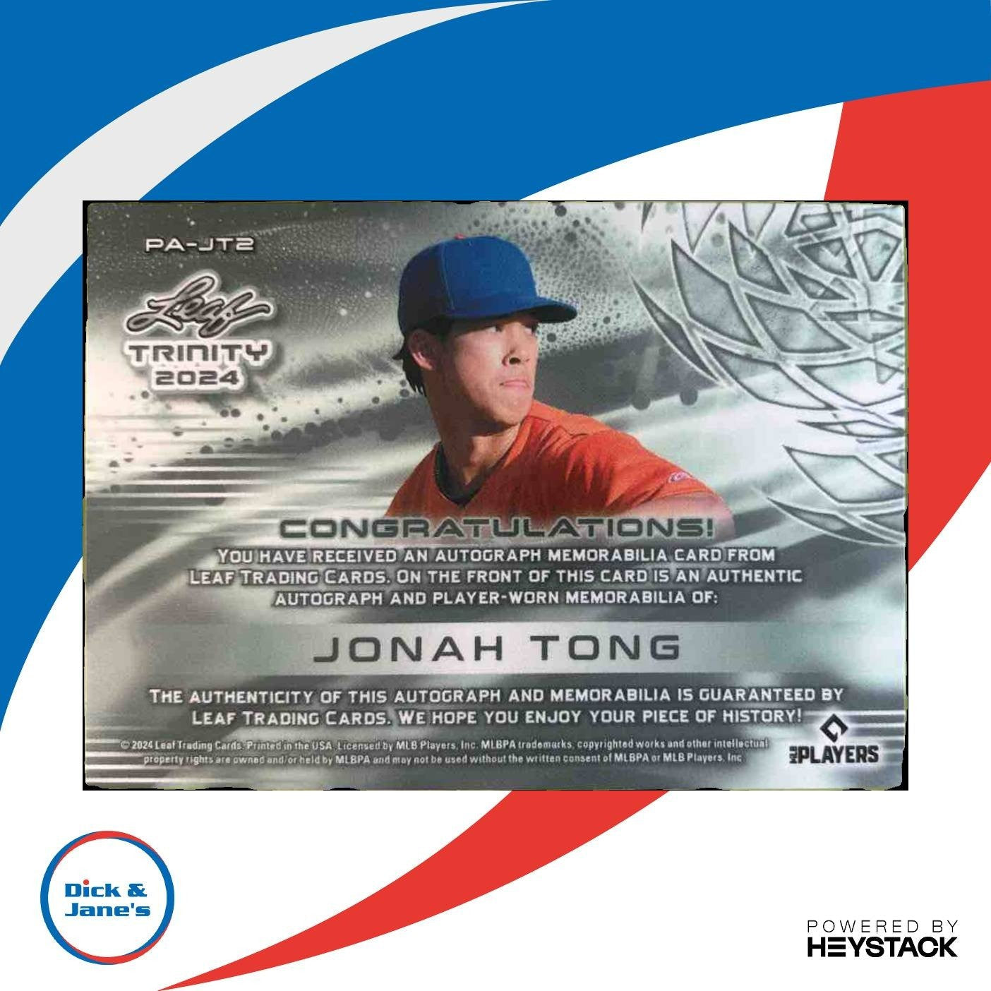 2024 Leaf Trinity Jonah Tong Patch Auto Bronze 13/99 #PA-JT2 MEM - Sports Cards