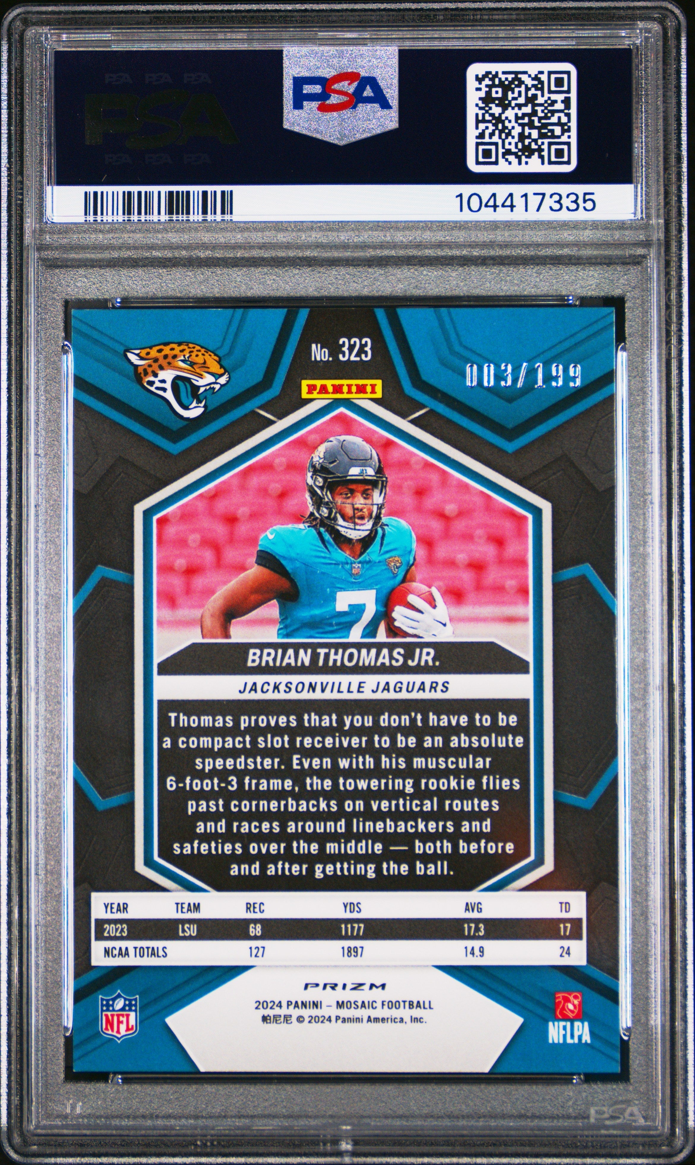 2024 Mosaic Brian Thomas JR. Orange 003/199 Rookie PSA 10 Jacksonville Jaguars - Graded Sports Cards