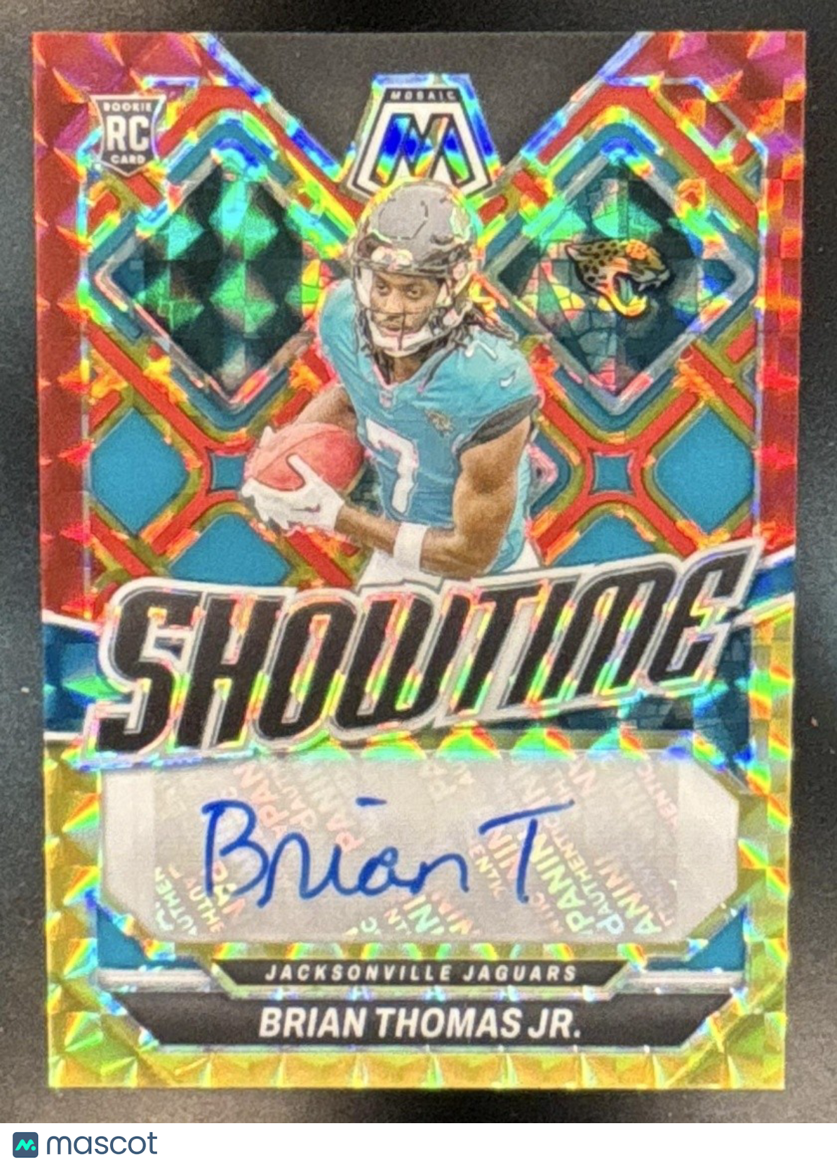 2024 Mosaic Brian Thomas Jr. Showtime Signatures Red and Yellow RC Auto Jaguars - Sports Cards