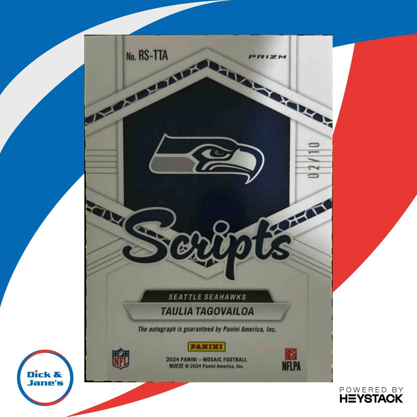2024 Mosaic Taulia Tagovailoa Rookie Scripts Gold 1/10 RC Auto Seattle Seahawks - Sports Cards
