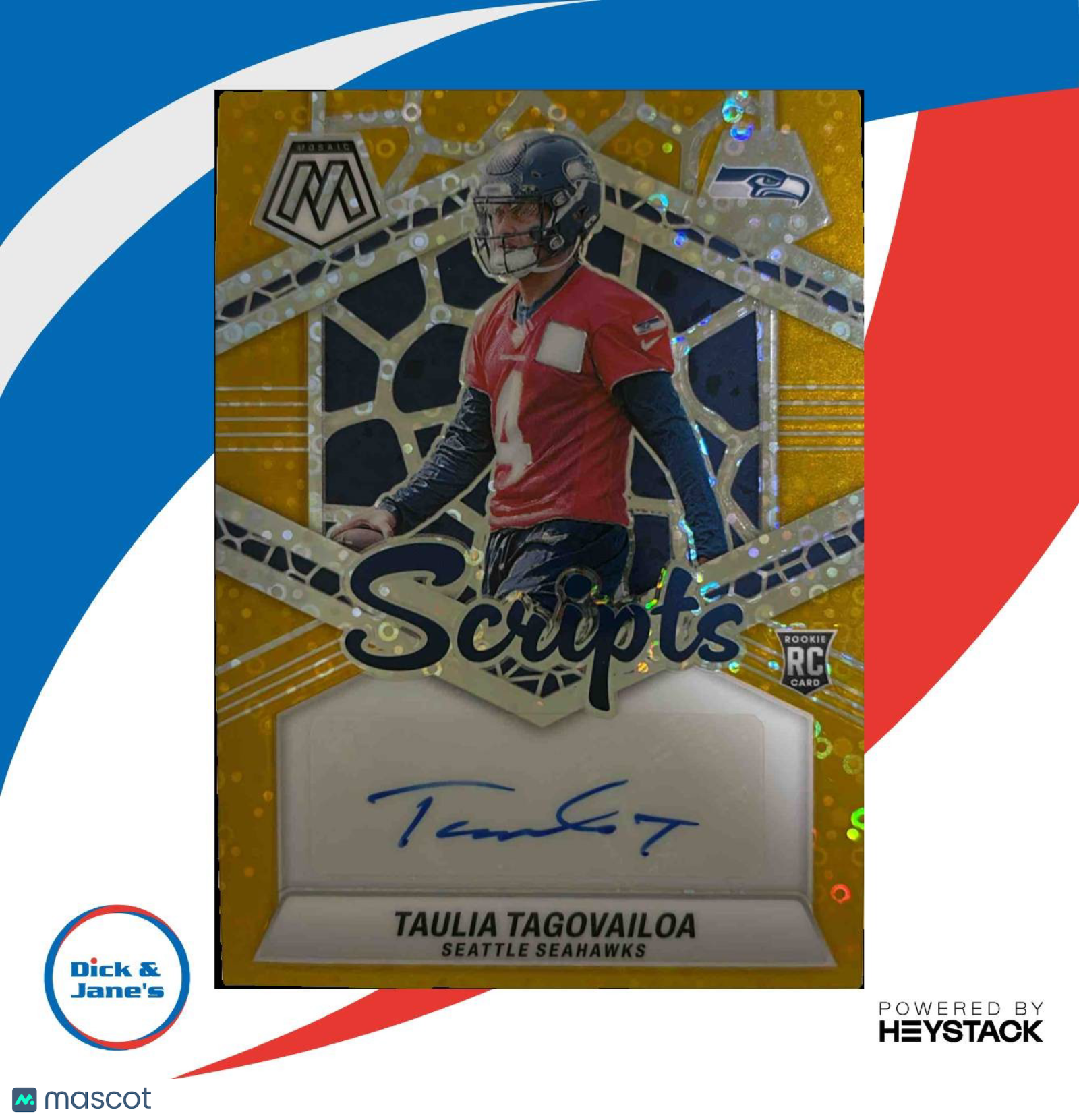2024 Mosaic Taulia Tagovailoa Rookie Scripts Gold 1/10 RC Auto Seattle Seahawks - Sports Cards