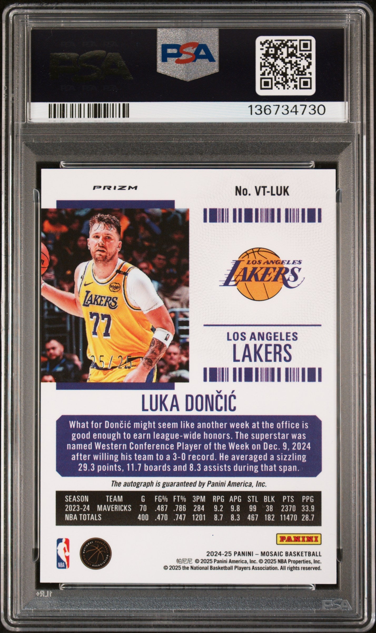 2024 Mosaic Veteran Ticket Autographs Luka Doncic White 25/25 PSA 9 Lakers Auto - Graded Sports Cards