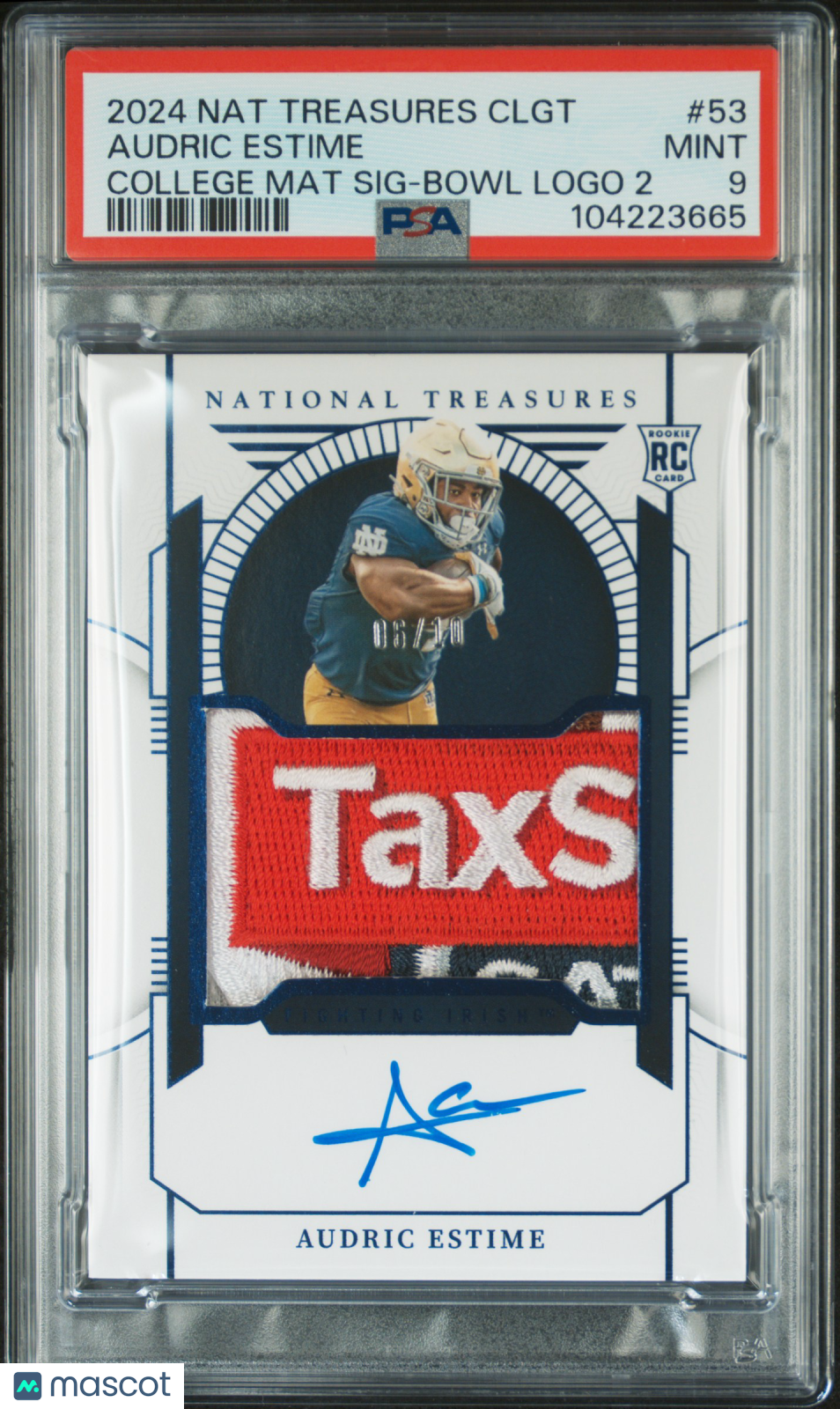 2024 National Treasures Audric Estime Signature Bowl Patch Logo 06/10 PSA 9 - Graded Sports Cards