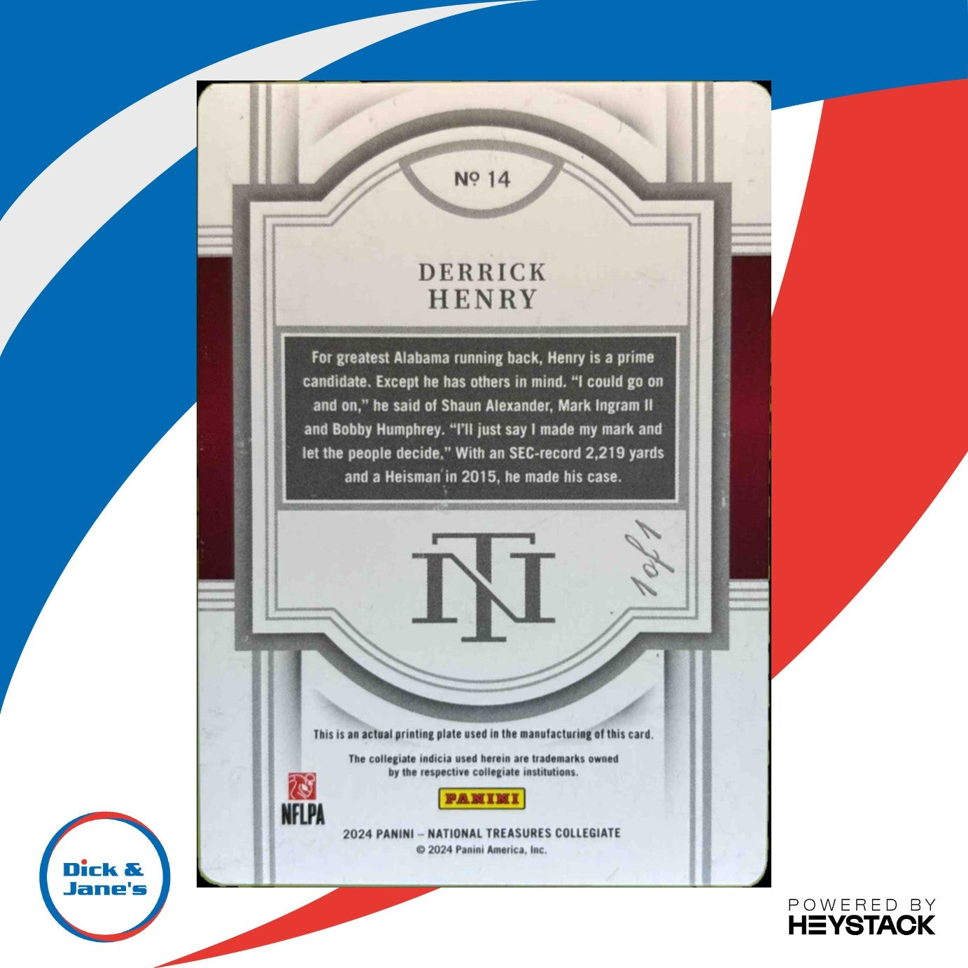 2024 National Treasures Collegiate Derrick Henry Printing Plates Black 1/1 - Sports Cards