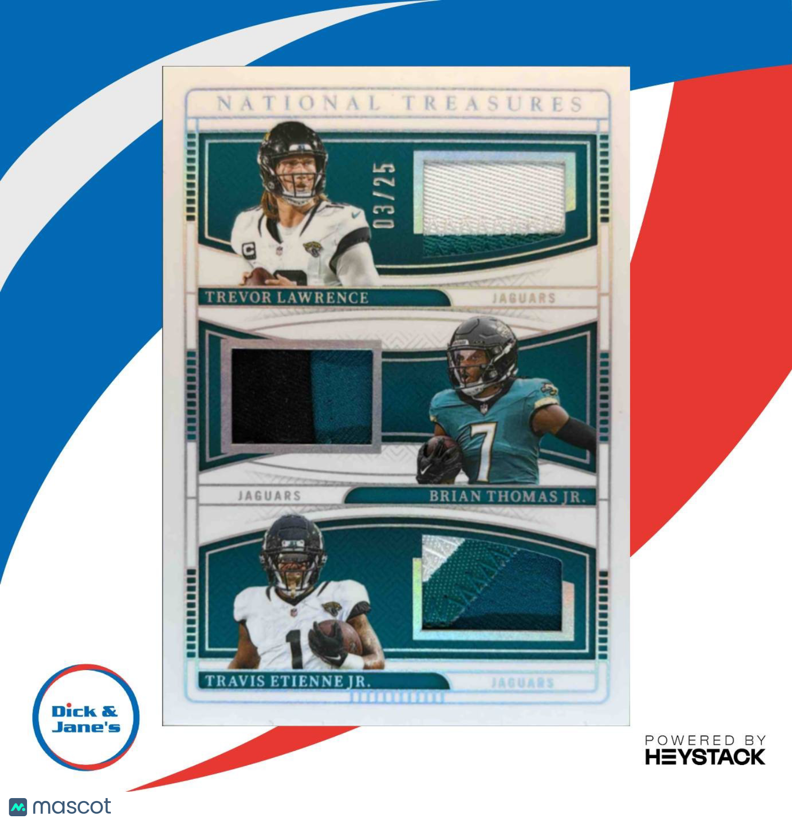 2024 National Treasures Trevor Lawrence BTJ Etienne Trio Materials Silver /25 - Sports Cards