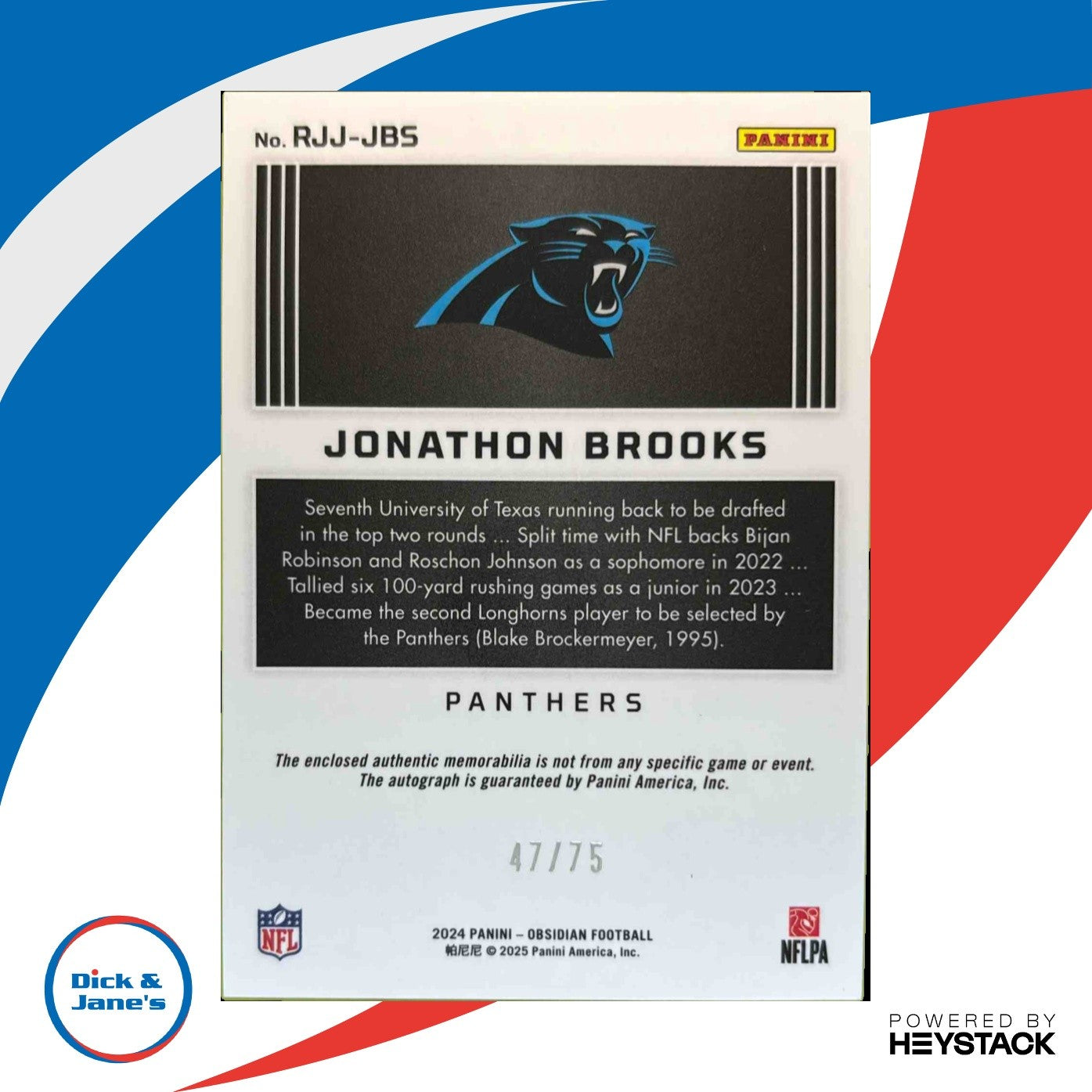 2024 Obsidian Jonathon Brooks Rookie Jumbo Jersey Auto Red 47/75 Panthers - Sports Cards