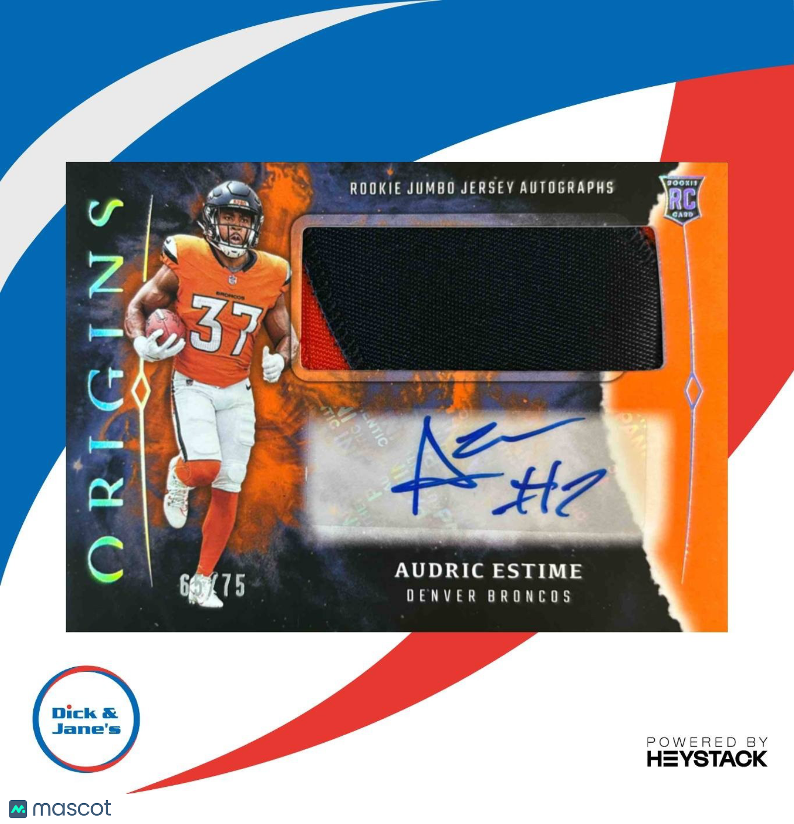 2024 Origins Audric Estime Rookie Jumbo Jersey Auto Orange Patch /75 Broncos - Sports Cards