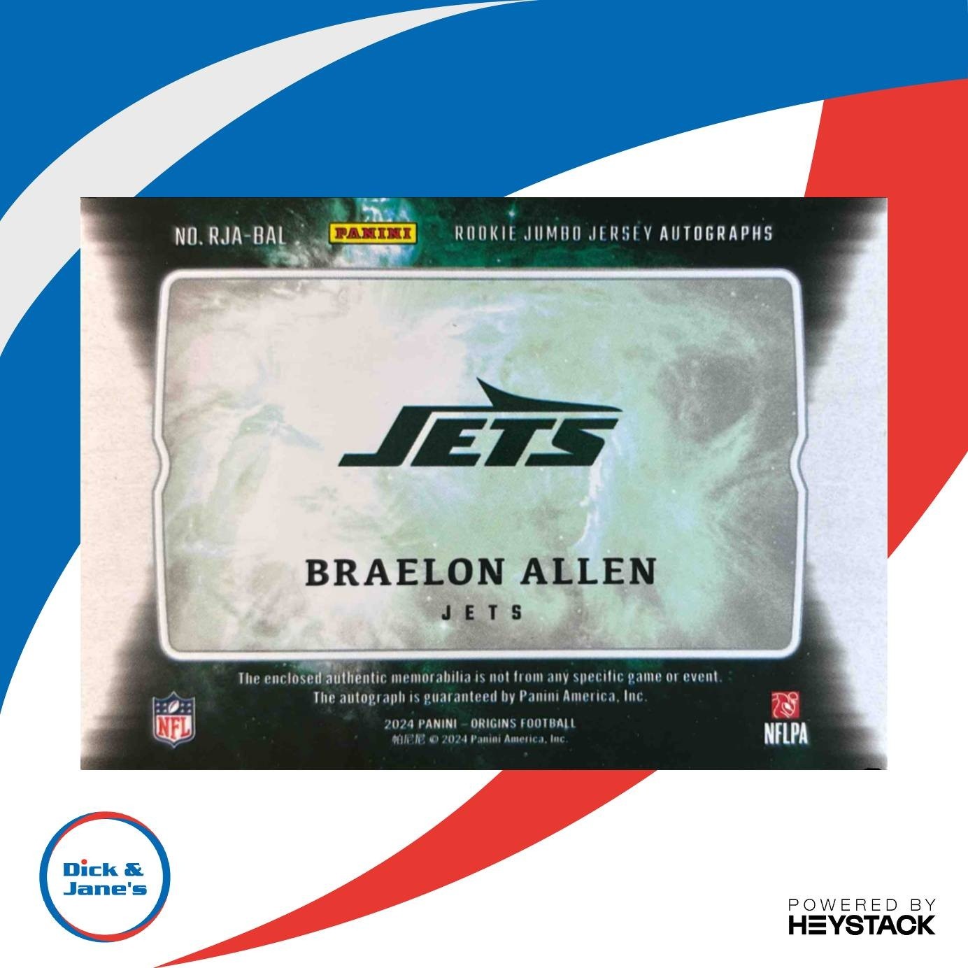 2024 Origins Braelon Allen Rookie Jumbo Jersey Auto Gold Patch /10 RC Jets - Sports Cards