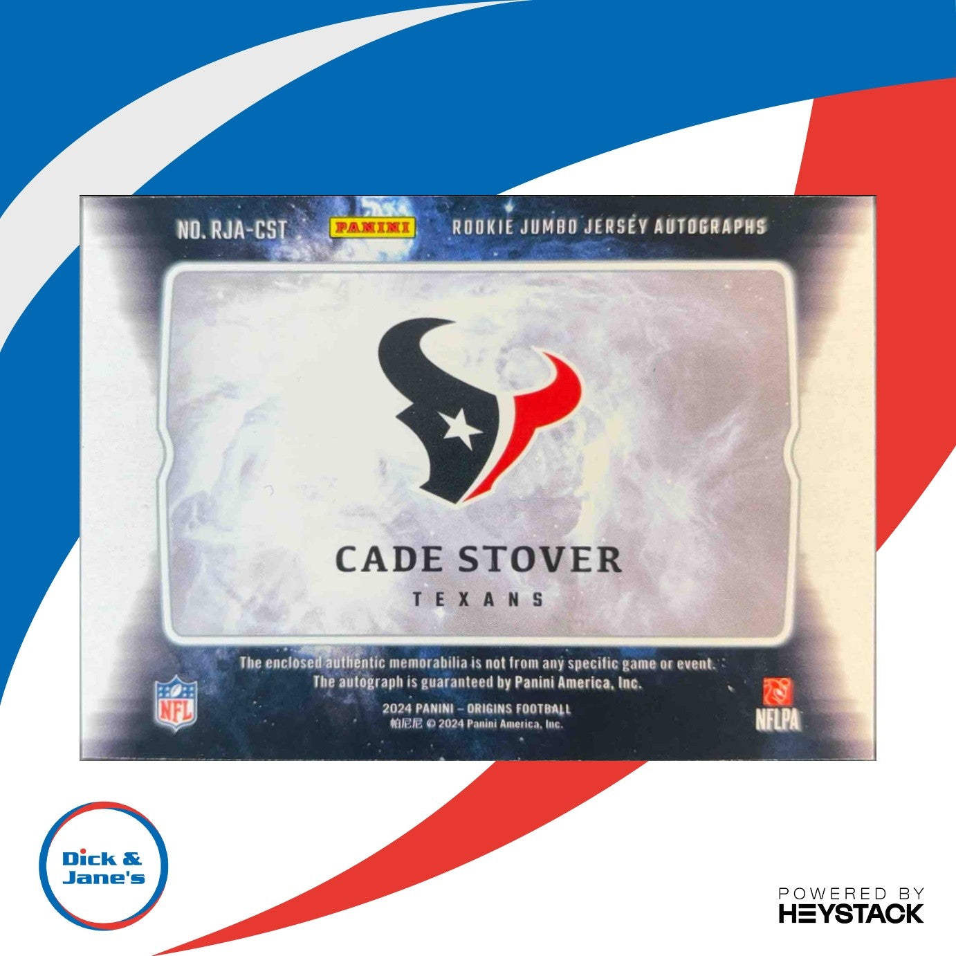 2024 Origins Cade Stover Rookie Jumbo Jersey Auto #RJA-CST RC Houston Texans - Sports Cards
