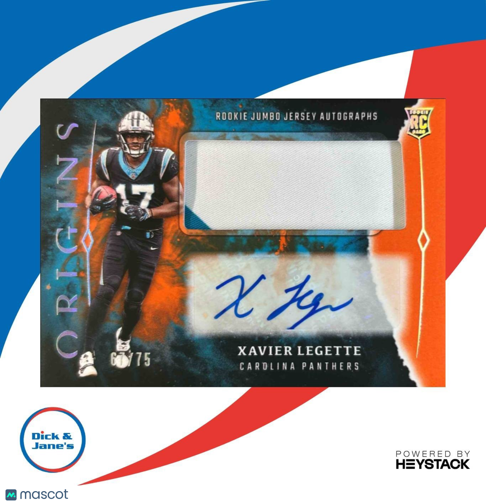 2024 Origins Xavier Legette Rookie Jumbo Jersey Auto Orange Patch /75 Panthers - Sports Cards