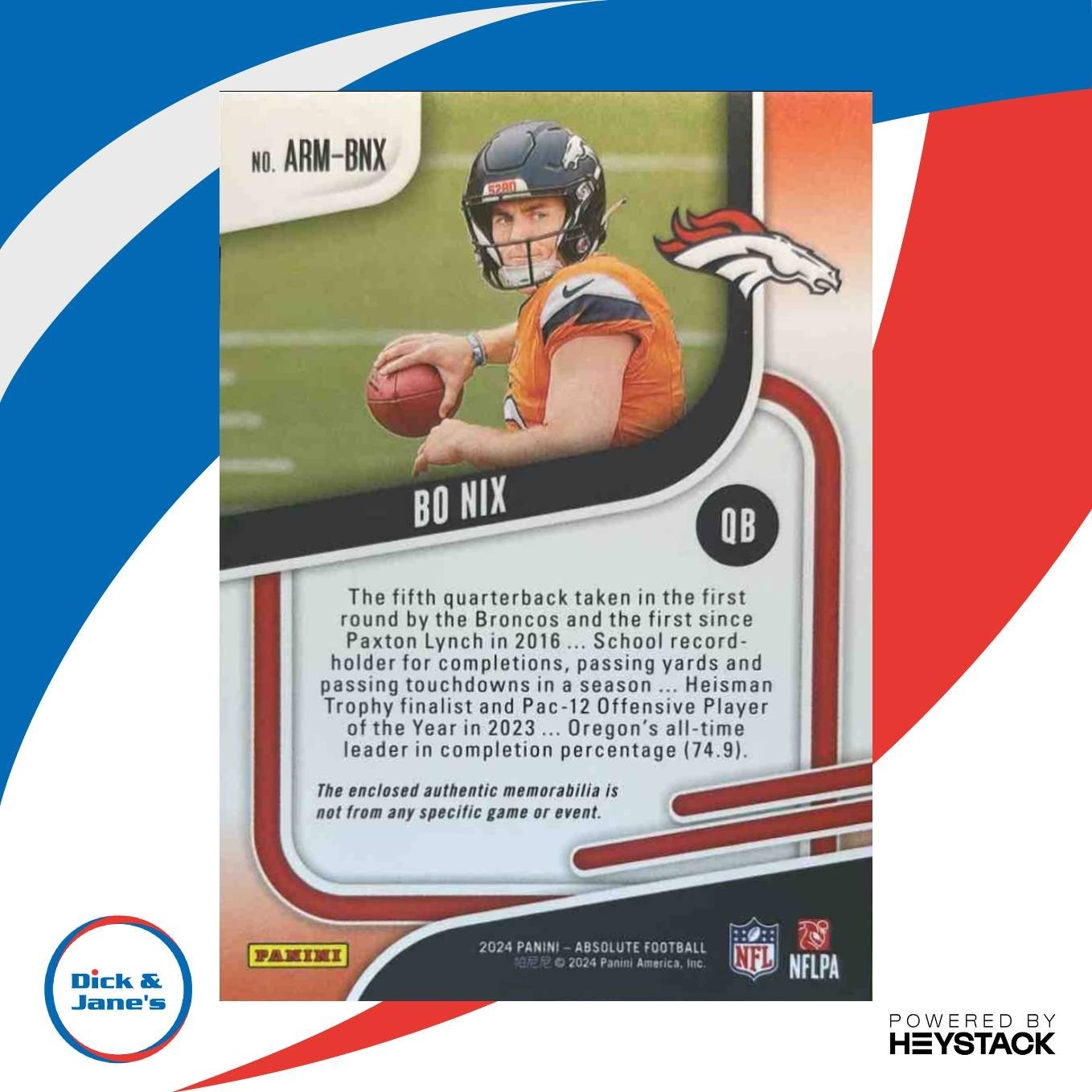 2024 Panini Absolute Bo Nix Rookie Materials #ARM-BNX MEM RC Denver Broncos - Sports Cards