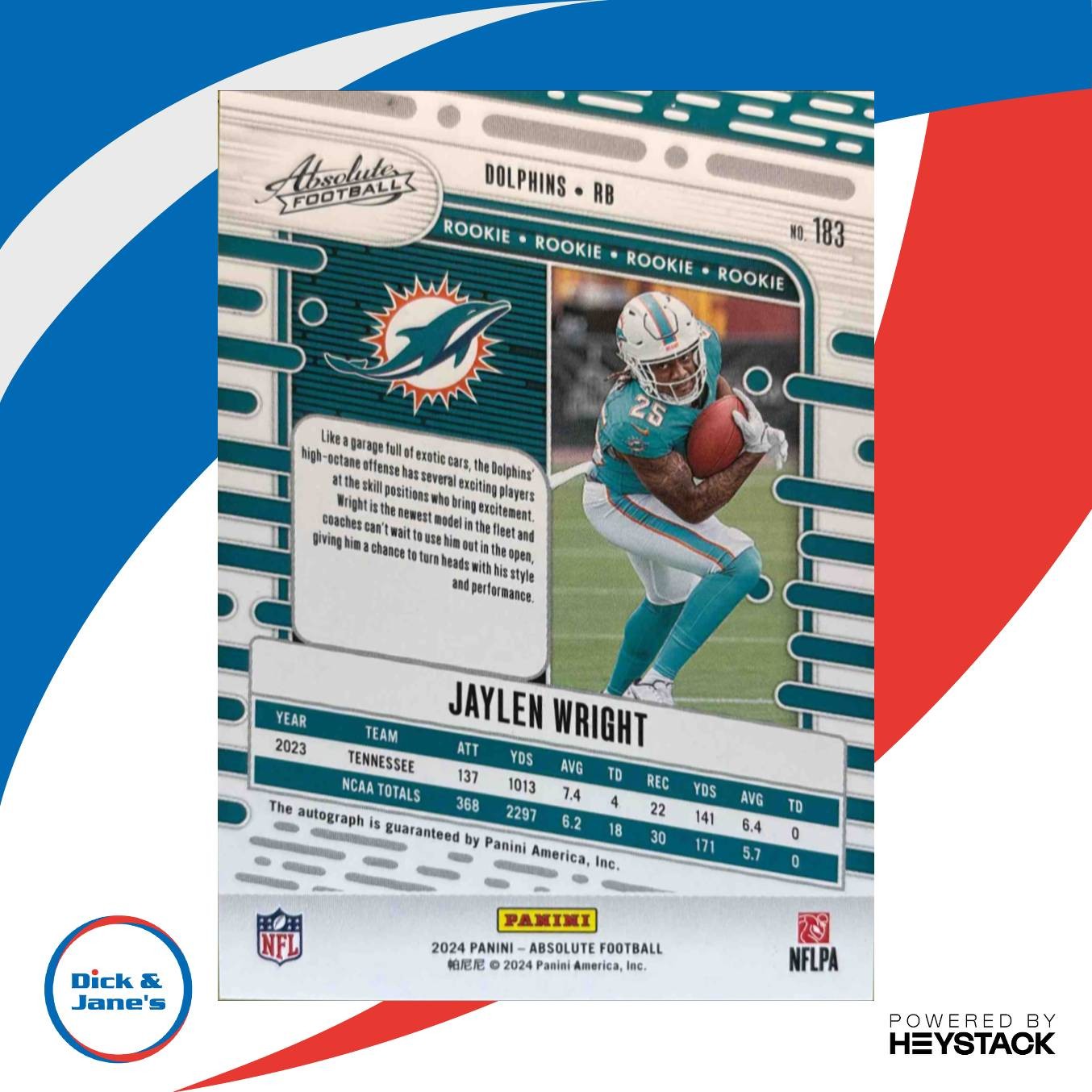 2024 Panini Absolute Jaylen Wright Signature Rookies #183 RC Auto Miami Dolphins - Sports Cards
