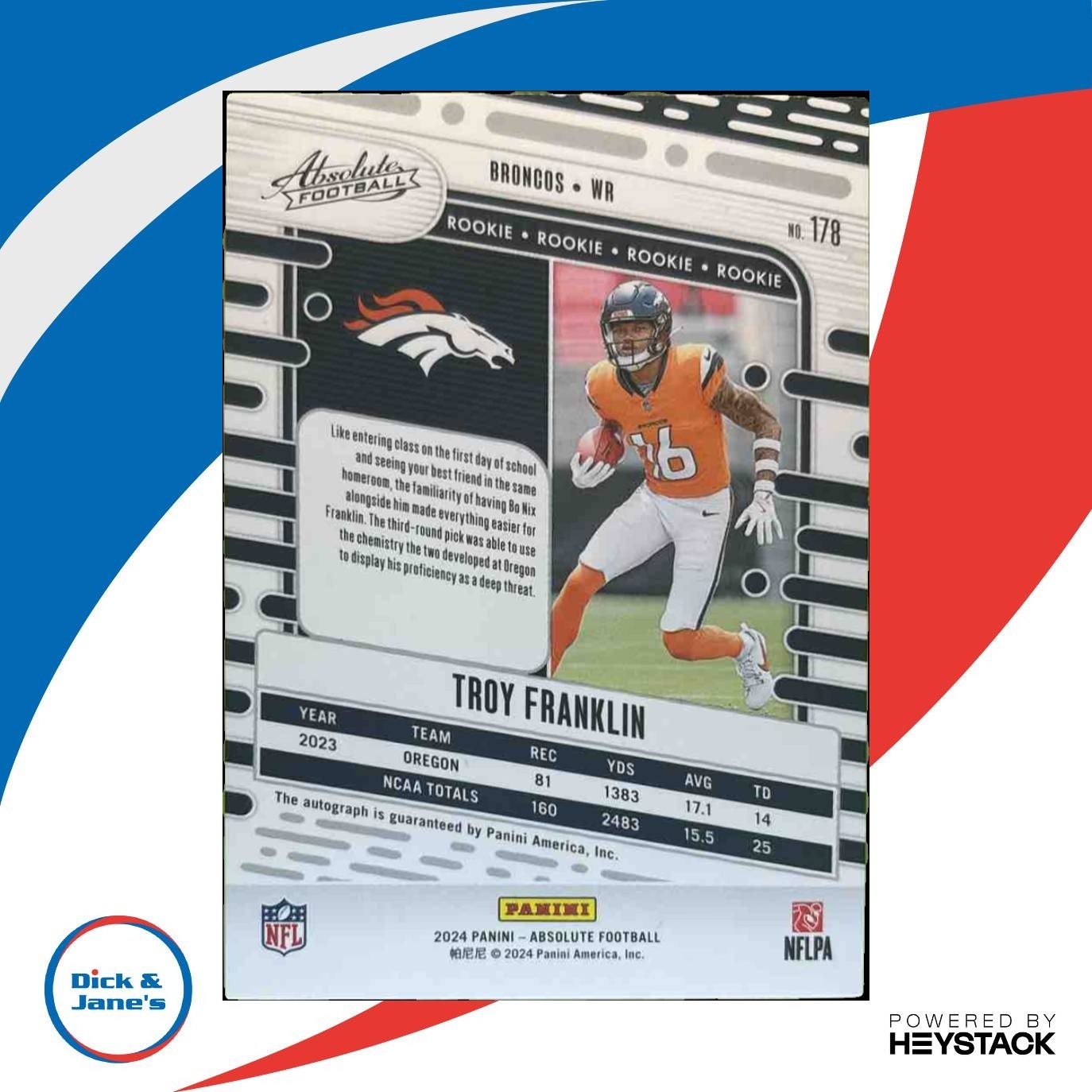 2024 Panini Absolute Troy Franklin Signature Rookies Gold /10 RC Auto Broncos - Sports Cards