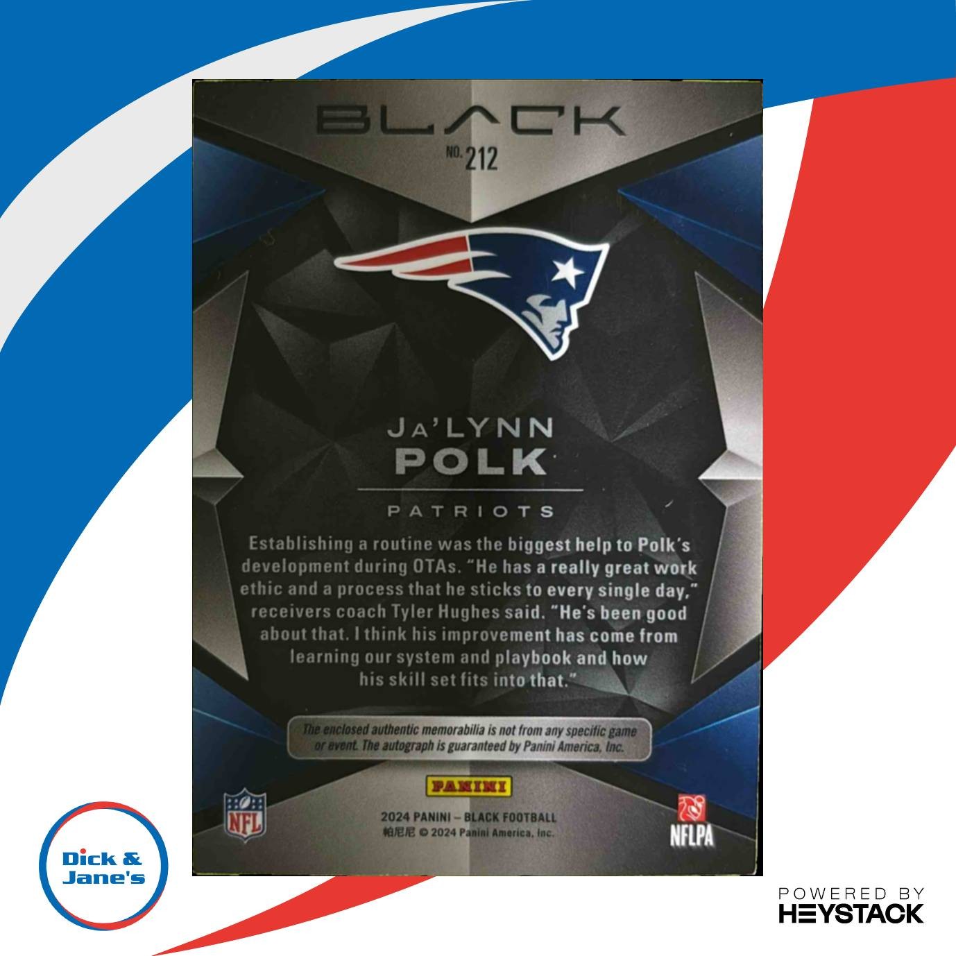 2024 Panini Black Ja’Lynn Polk Rookie Patch Auto /249 #212 New England Patriots - Sports Cards