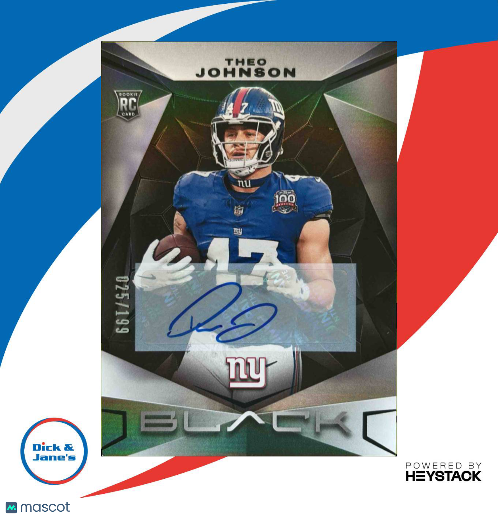 2024 Panini Black Theo Johnson Rookie Auto 25/199 #190 RC New York Giants - Sports Cards