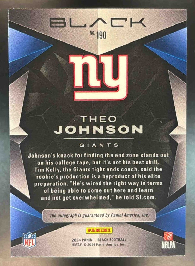 2024 Panini Black Theo Johnson Rookie Auto Royal /99 #190 RC New York Giants - Sports Cards