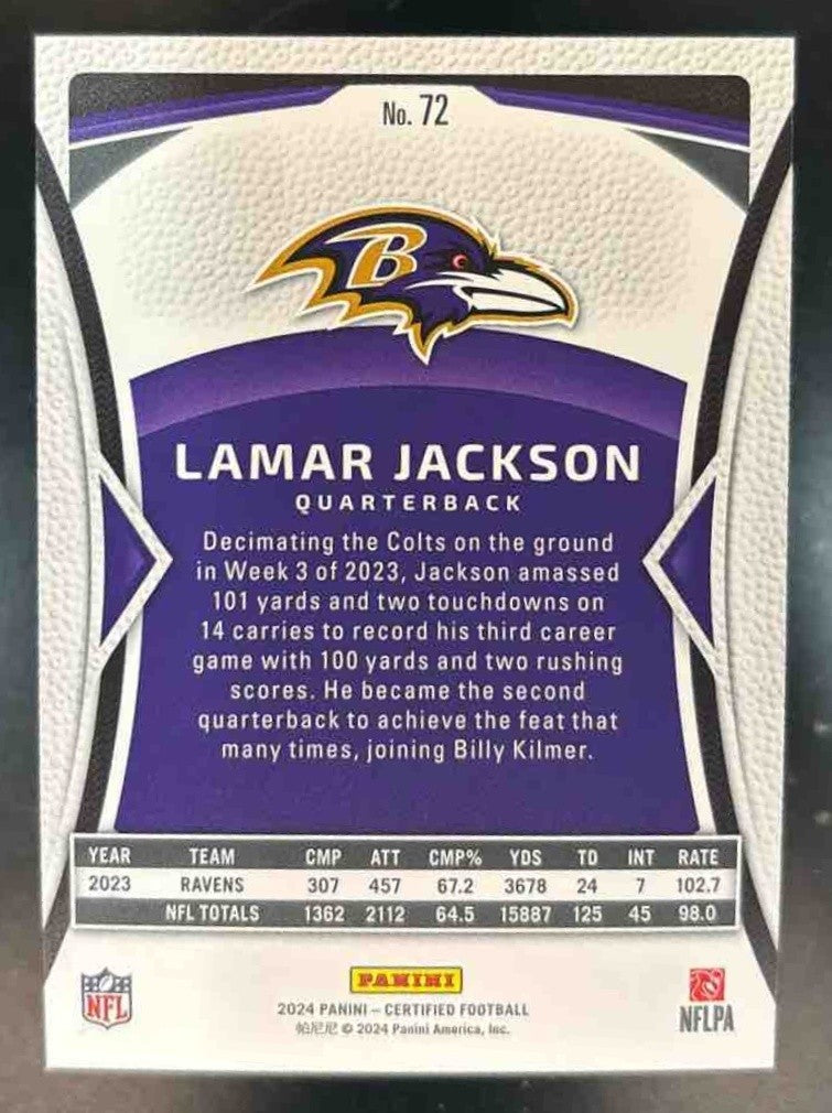 2024 Panini Certified Lamar Jackson Teal Mirror FOTL /20 #72 Baltimore Ravens - Sports Cards