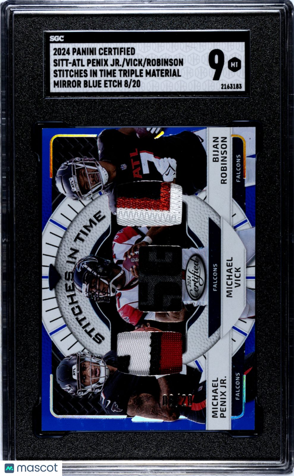2024 Panini Certified Robinson Vick Penix JR. Stitche Triple Blue Etch SGC 9 /20 - Graded Sports Cards