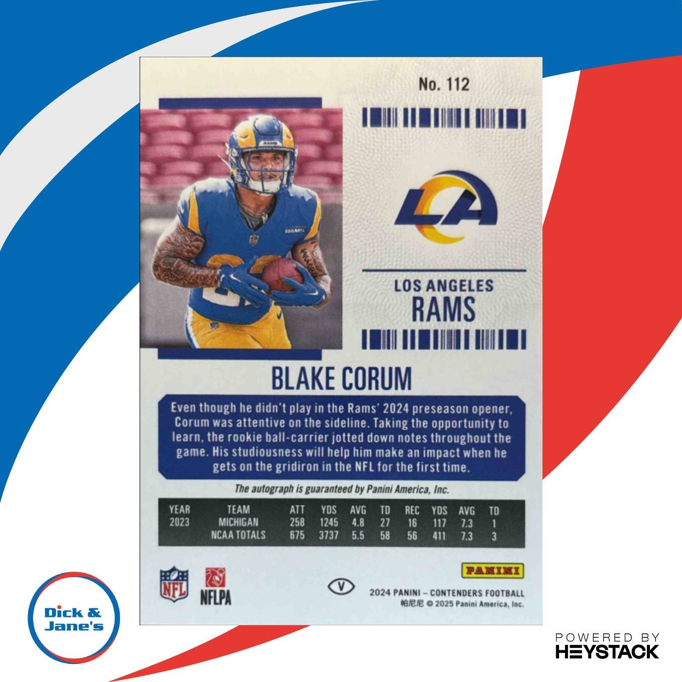 2024 Panini Contenders Blake Corum Rookie Ticket RPS Auto #112 Los Angeles Rams - Sports Cards