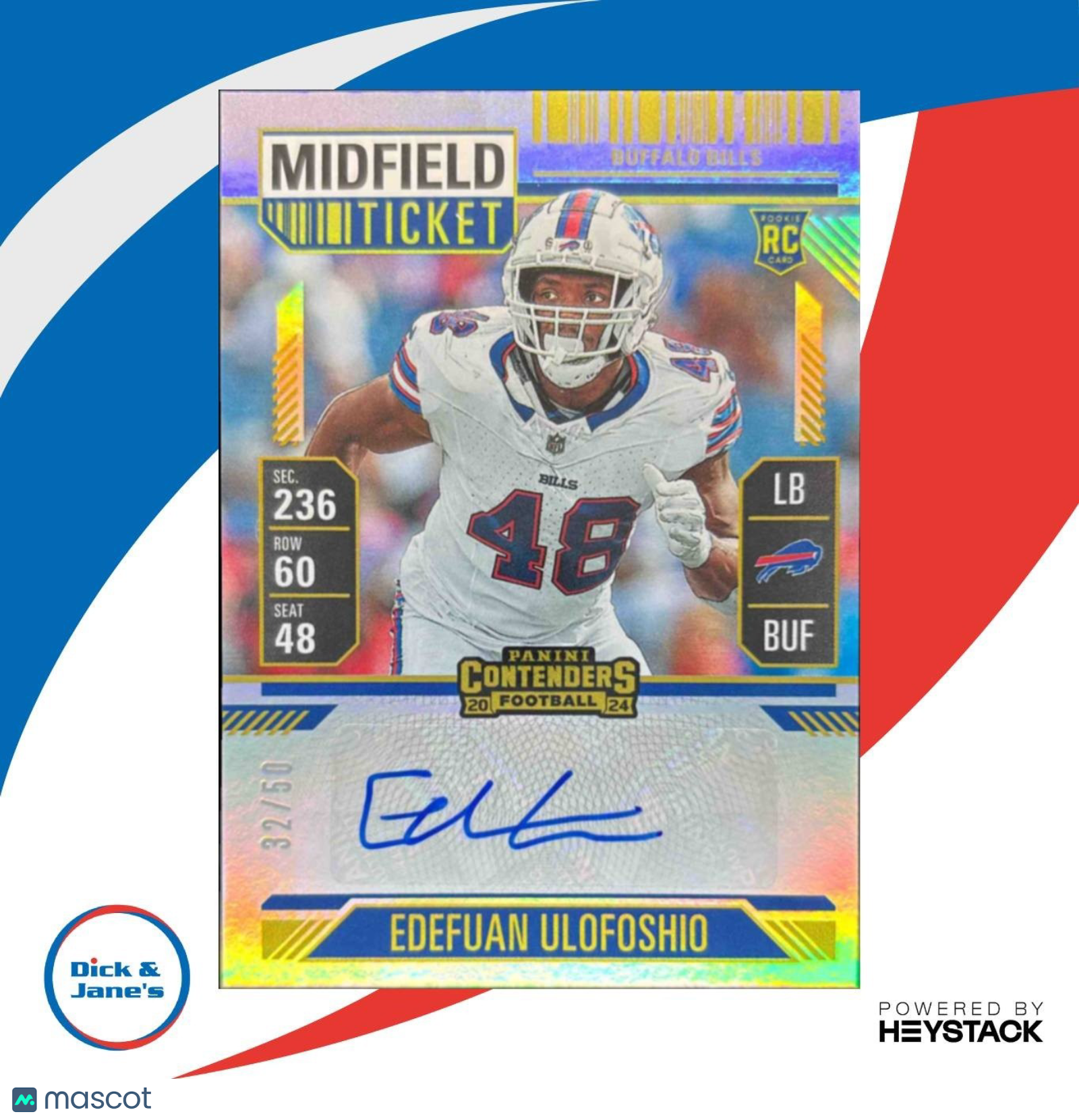 2024 Panini Contenders Edefuan Ulofoshio Rookie Auto Midfield /50 #240 Bills - Sports Cards