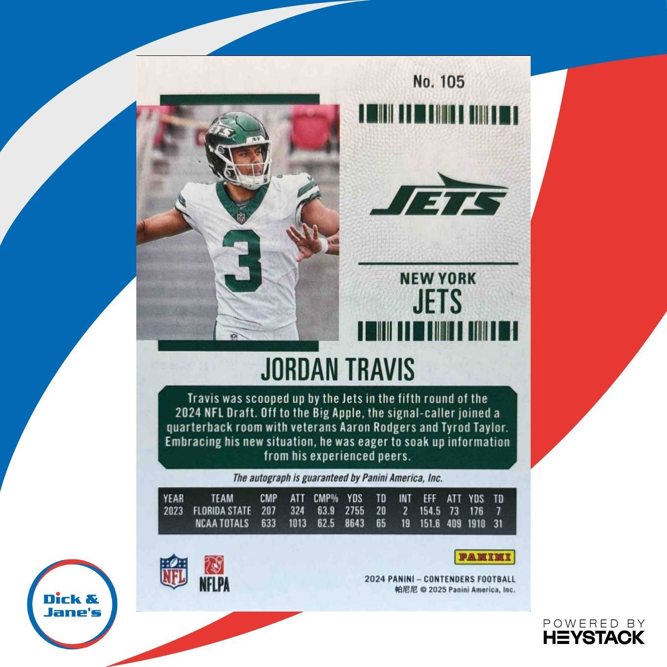 2024 Panini Contenders Jordan Travis Rookie Ticket Auto Playoff /149 #105 Jets - Sports Cards