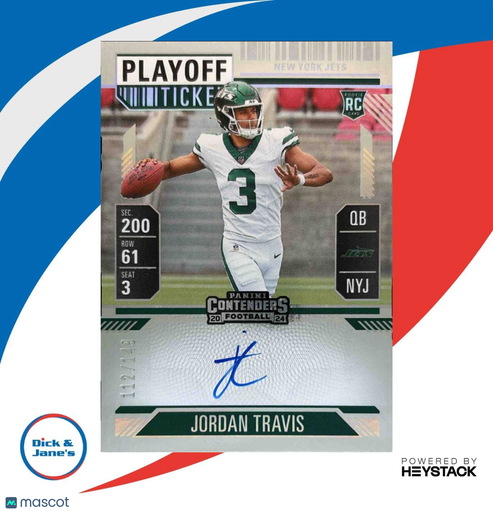 2024 Panini Contenders Jordan Travis Rookie Ticket Auto Playoff /149 #105 Jets - Sports Cards