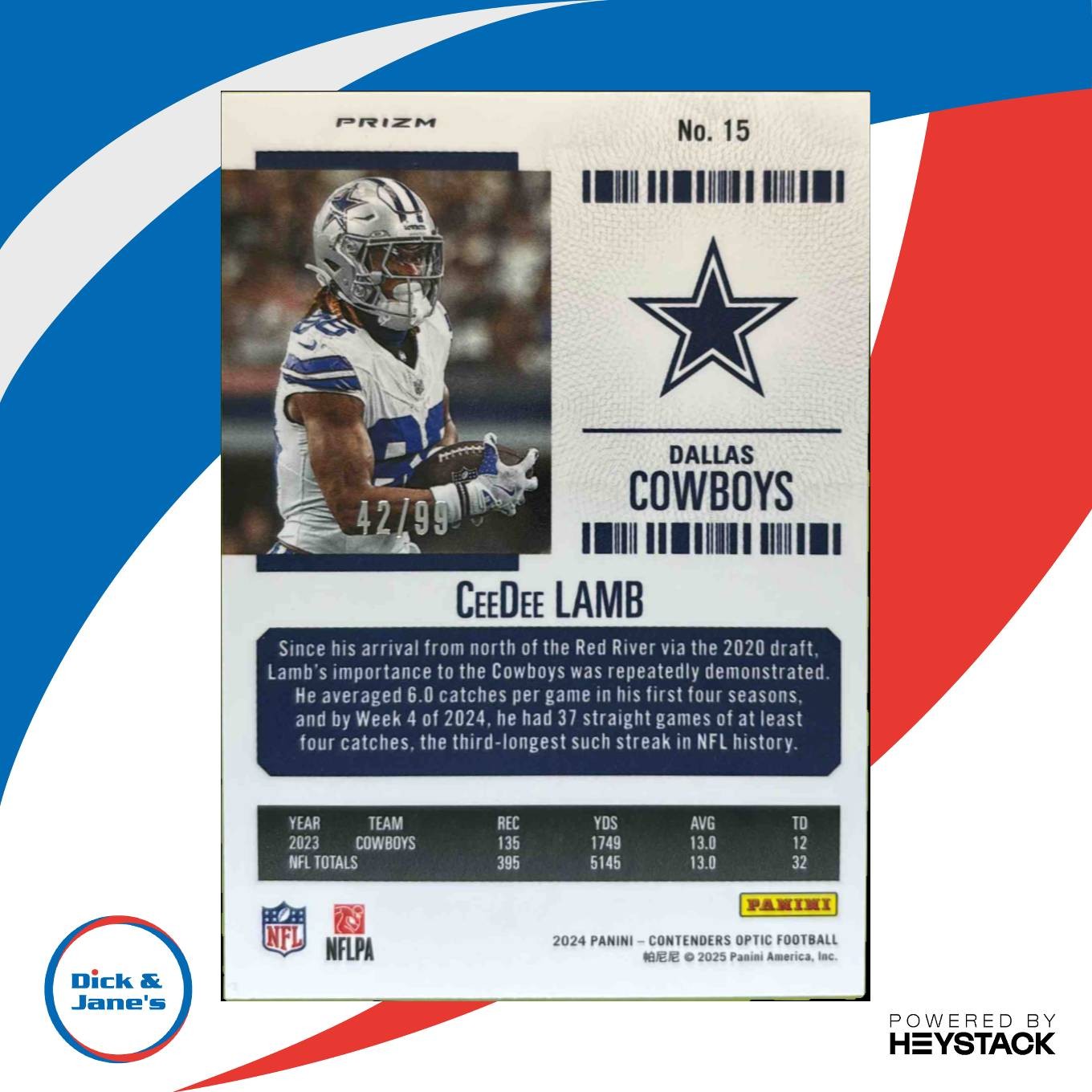 2024 Panini Contenders Optic CeeDee Lamb Season Ticket Blue Prizm 42/99 #15 - Sports Cards