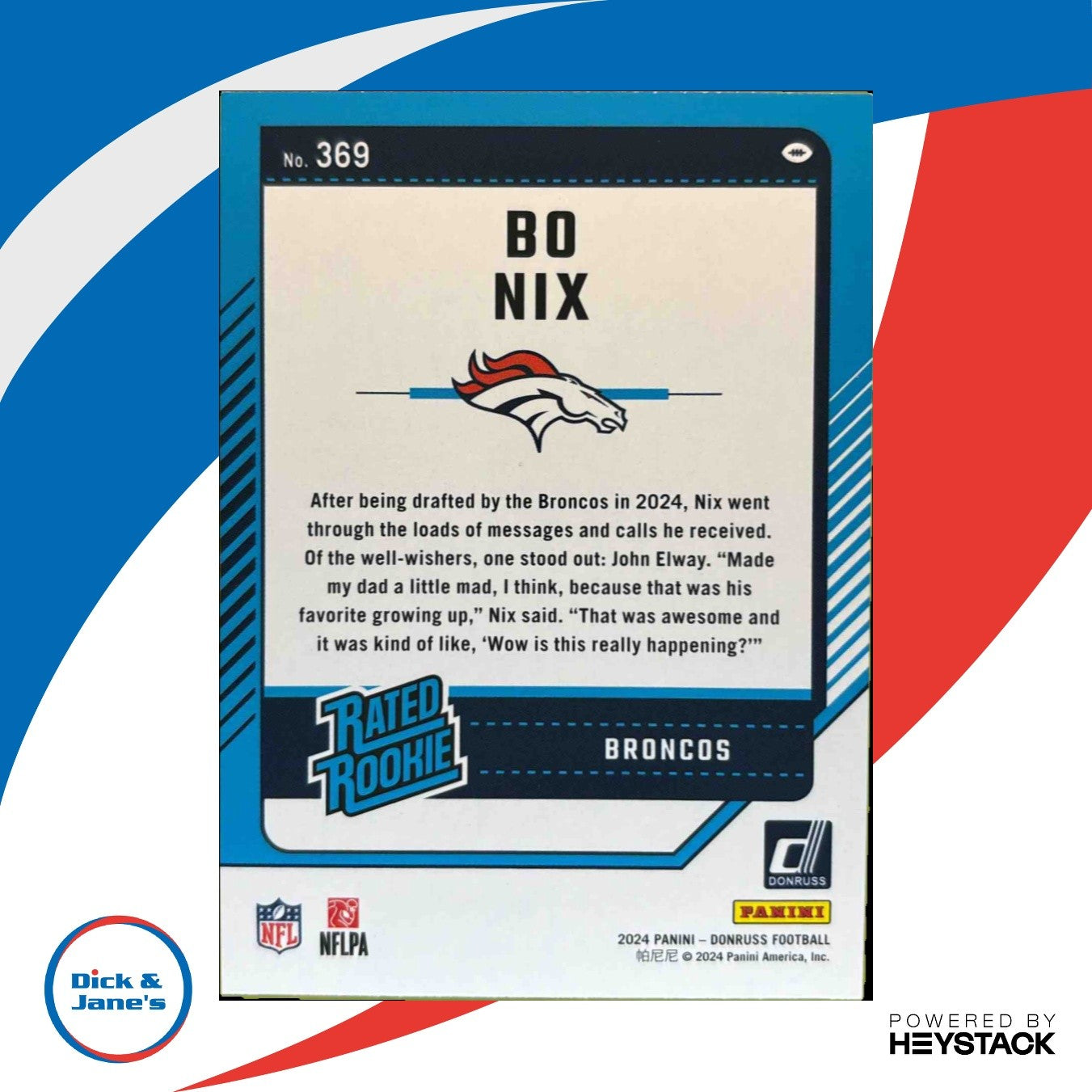 2024 Panini Donruss Bo Nix Press Proof Blue #369 Rated Rookie Denver Broncos - Sports Cards