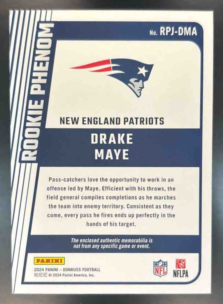 2024 Panini Donruss Drake Maye Rookie Phenom Jerseys MEM RC New England Patriots - Sports Cards
