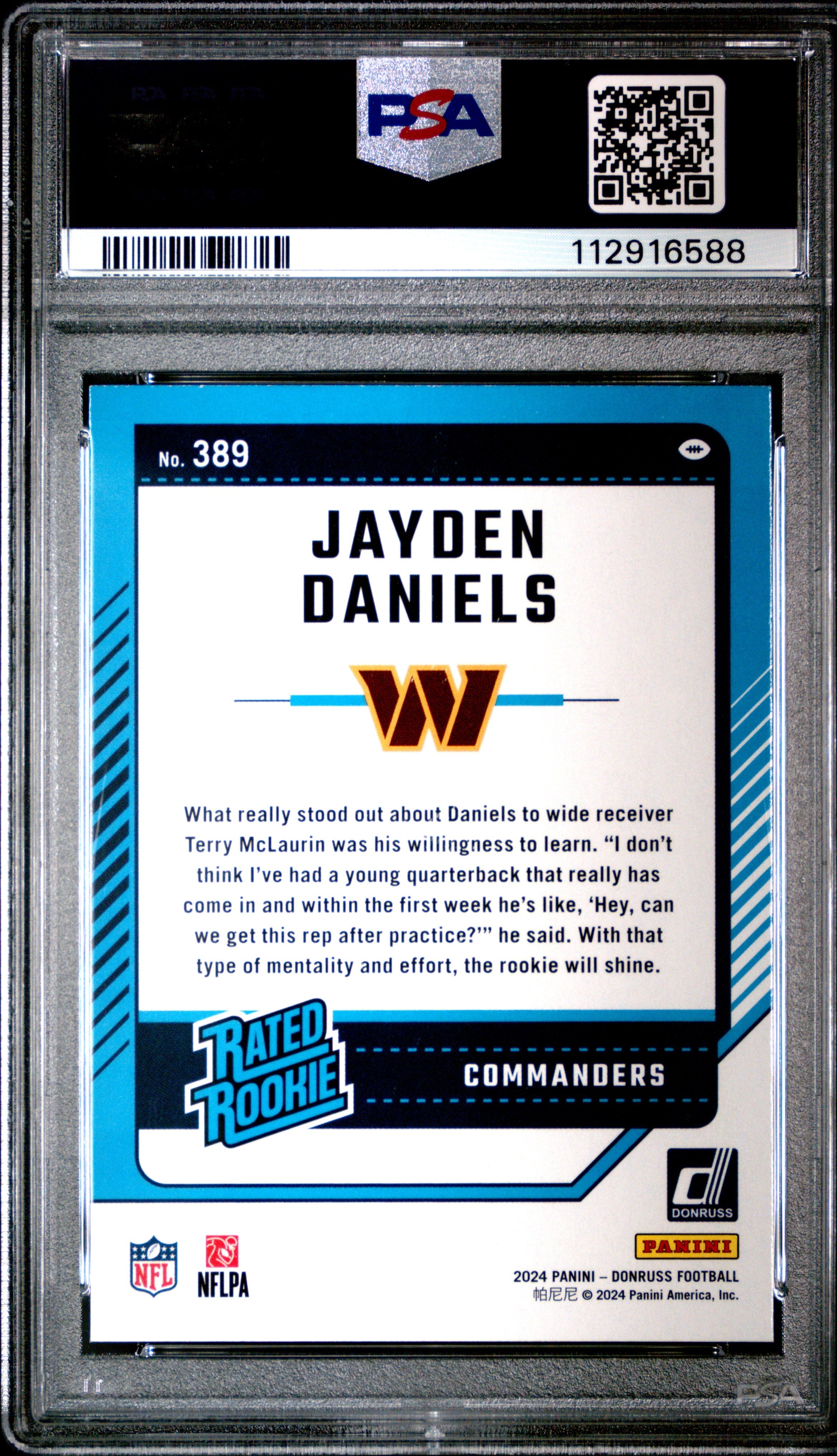 2024 Panini Donruss Jayden Daniels Rated Rookie #389 PSA 9 Washington Commanders Graded Sports Cards