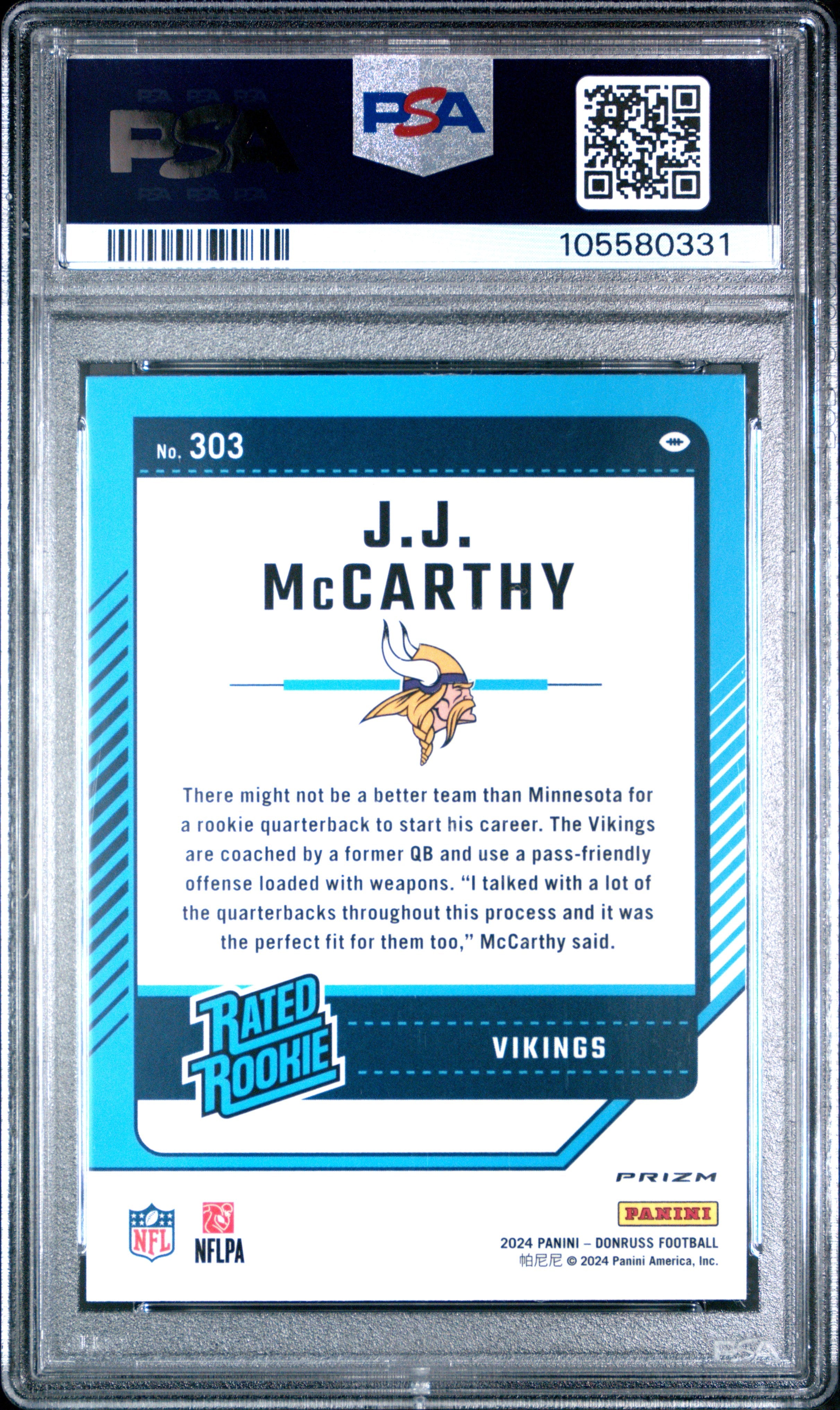 2024 Panini Donruss JJ Mccarthy Optic Preview Red Pandora Rookie #303 PSA 9 - Graded Sports Cards