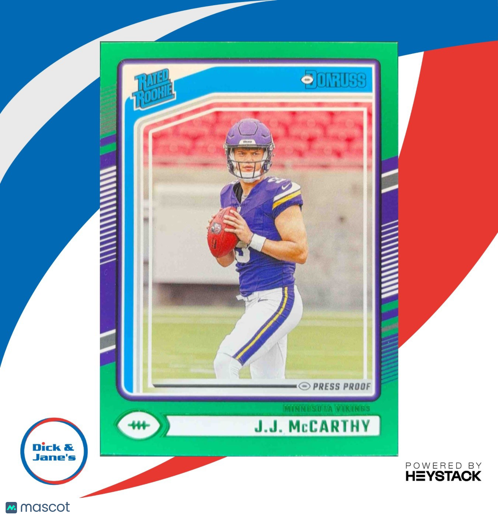 2024 Panini Donruss JJ McCarthy Press Proof Green Rated Rookie Minnesota Vikings - Sports Cards