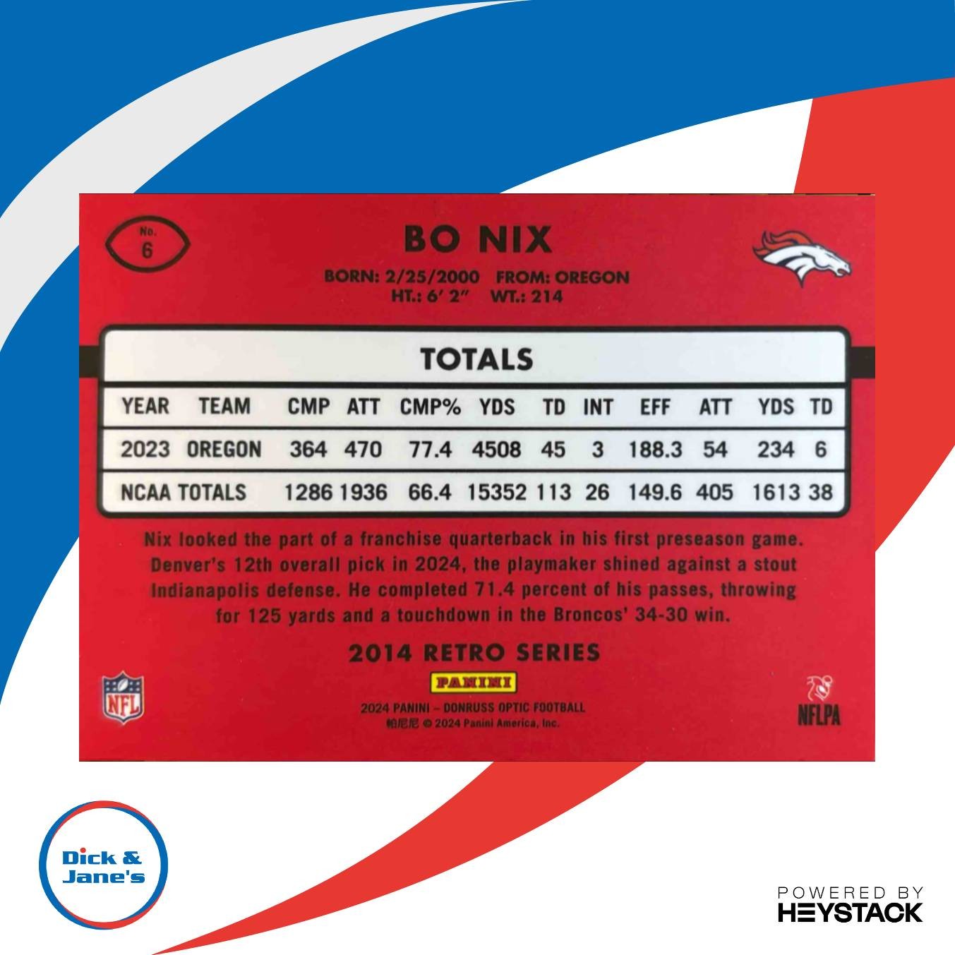 2024 Panini Donruss Optic Bo Nix 2014 Retro Series #6 Rookie Denver Broncos - Sports Cards