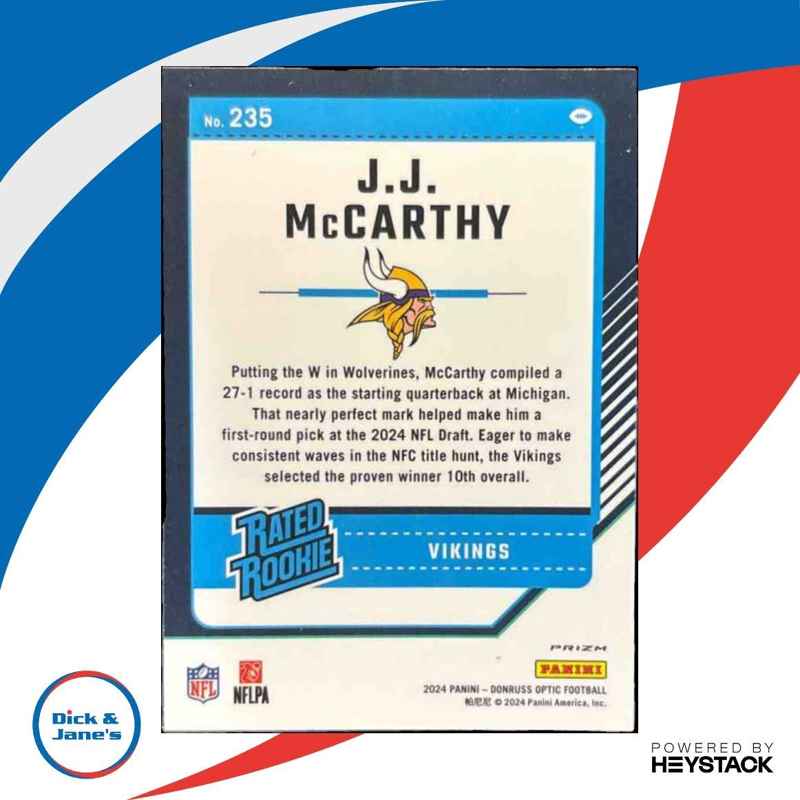 2024 Panini Donruss Optic J.J. McCarthy Purple Scope RC #235 Minnesota Vikings - Sports Cards