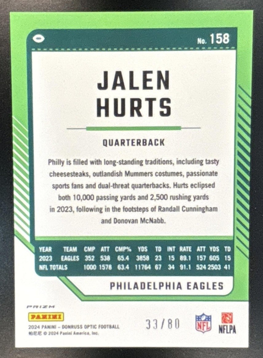 2024 Panini Donruss Optic Jalen Hurts Pink Velocity /80 #158 Philadelphia Eagles - Sports Cards