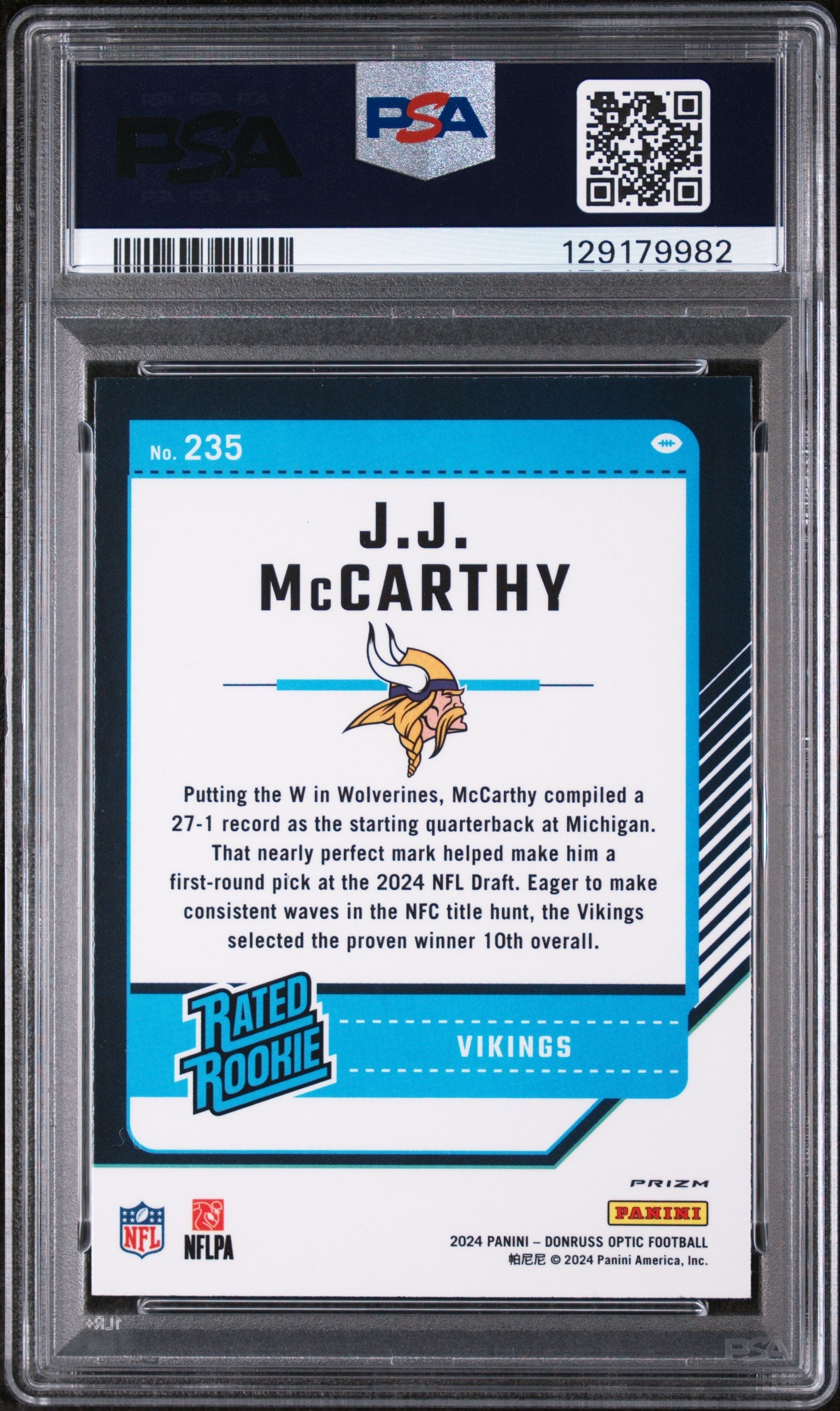 2024 Panini Donruss Optic JJ Mccarthy Holo Rated Rookie #235 PSA 8 Vikings - Graded Sports Cards