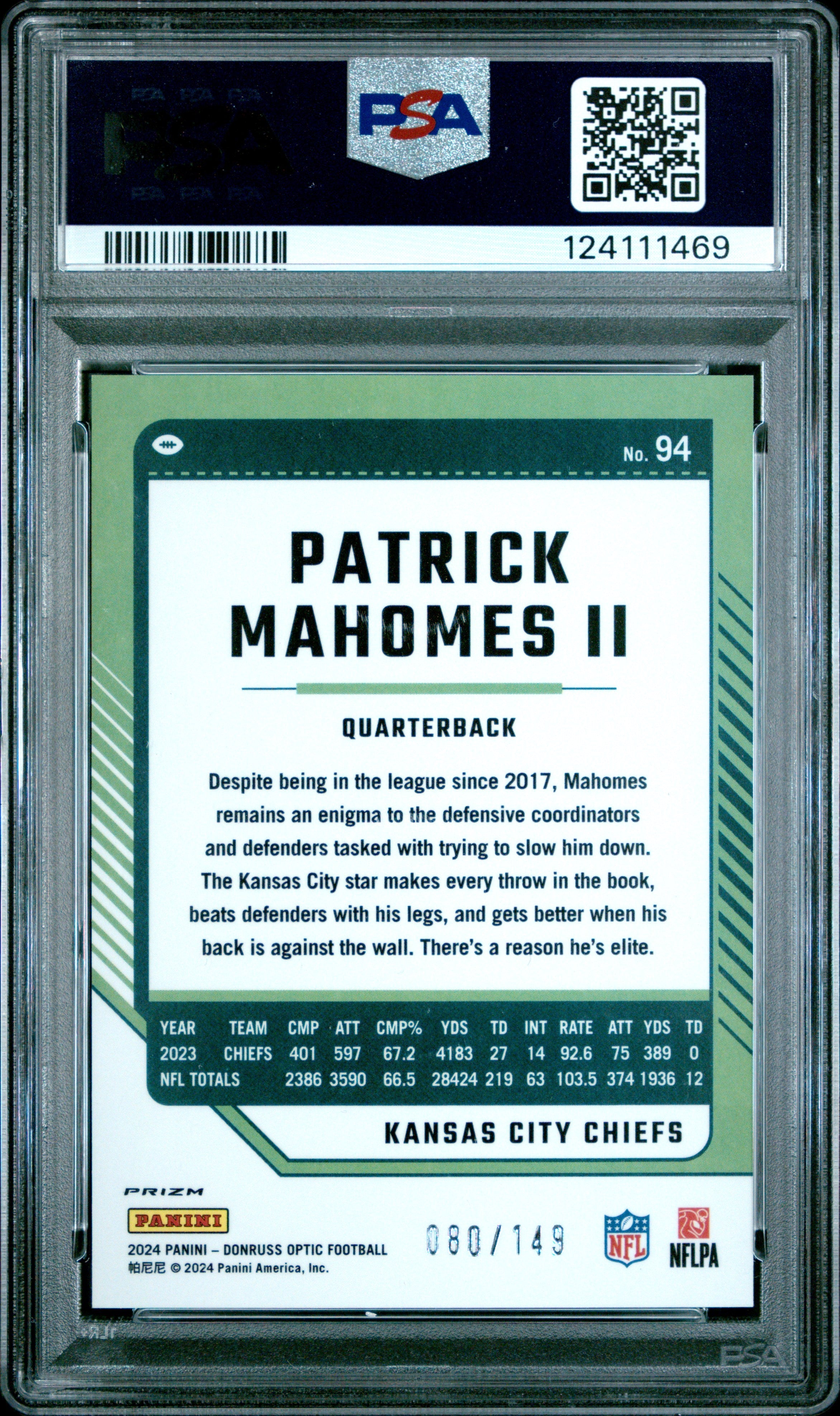 2024 Panini Donruss Optic Patrick Mahomes II Flex #94 PSA 10 - Graded Sports Cards