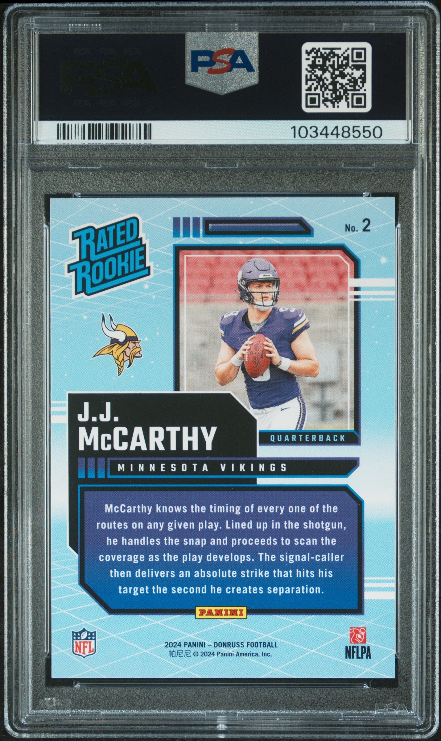 2024 Panini Donruss Rated Rookies Retro JJ Mccarthy Rookie #2 PSA 10 Minnesota Vikings - Graded Sports Cards