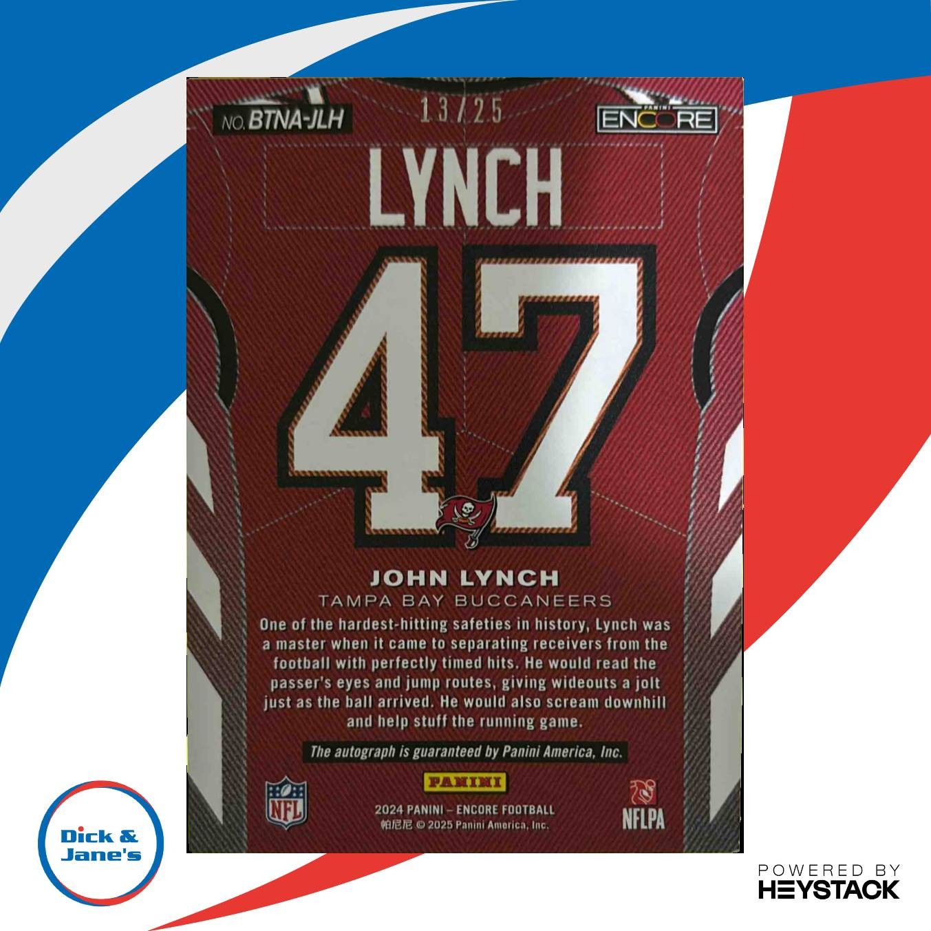2024 Panini Encore John Lynch Pinnacle By the Numbers Auto Blue 13/25 Tampa Bay - Sports Cards