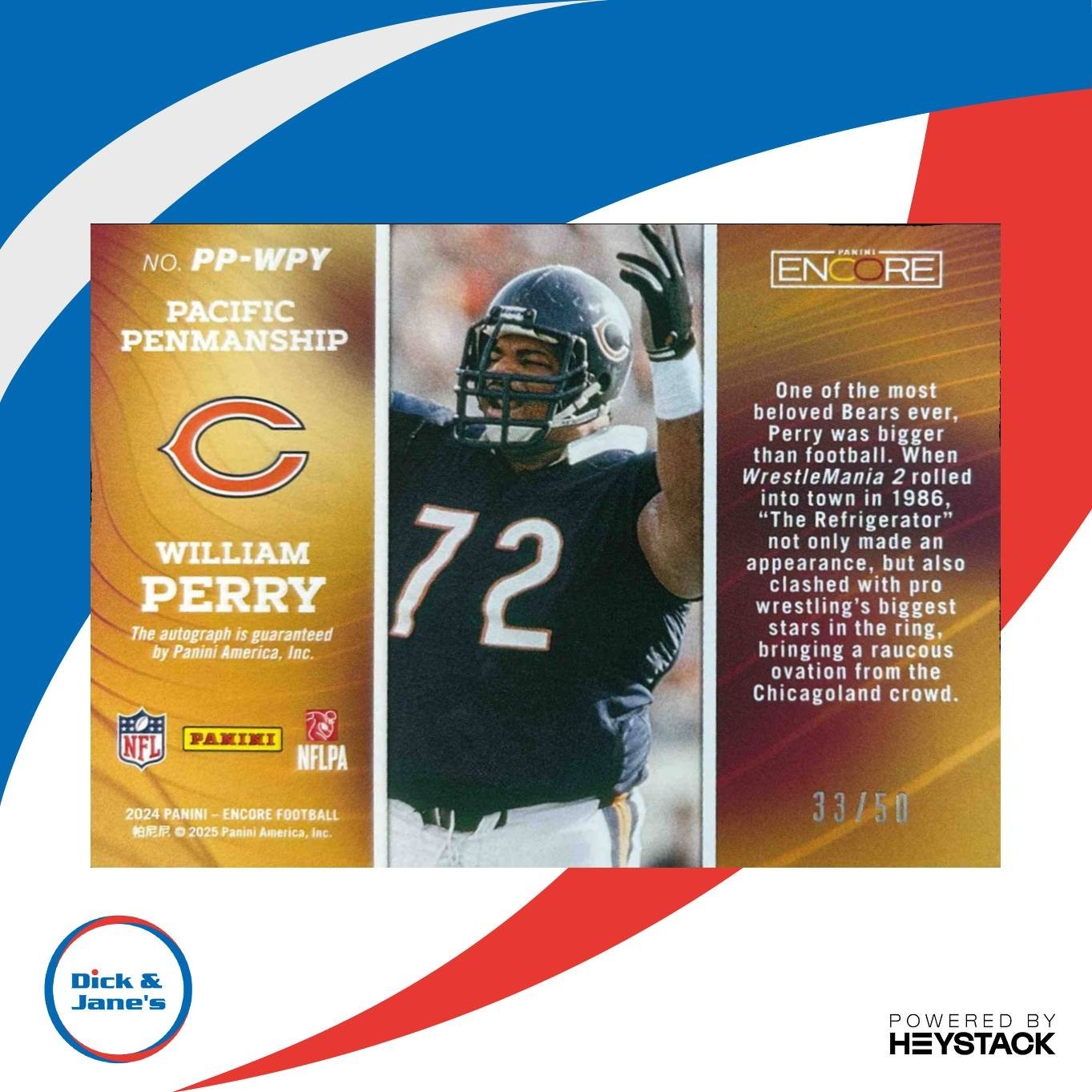 2024 Panini Encore William Perry Pacific Penmanship Red /50 Auto Chicago Bears - Sports Cards