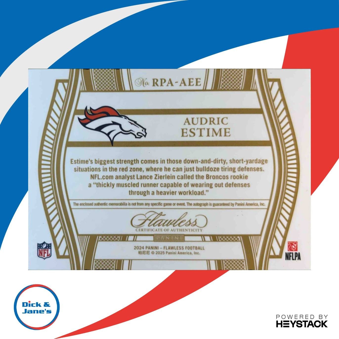 2024 Panini Flawless Audric Estime Rookie Patch Auto Ruby 115 #17 MEM RCBroncos - Sports Cards