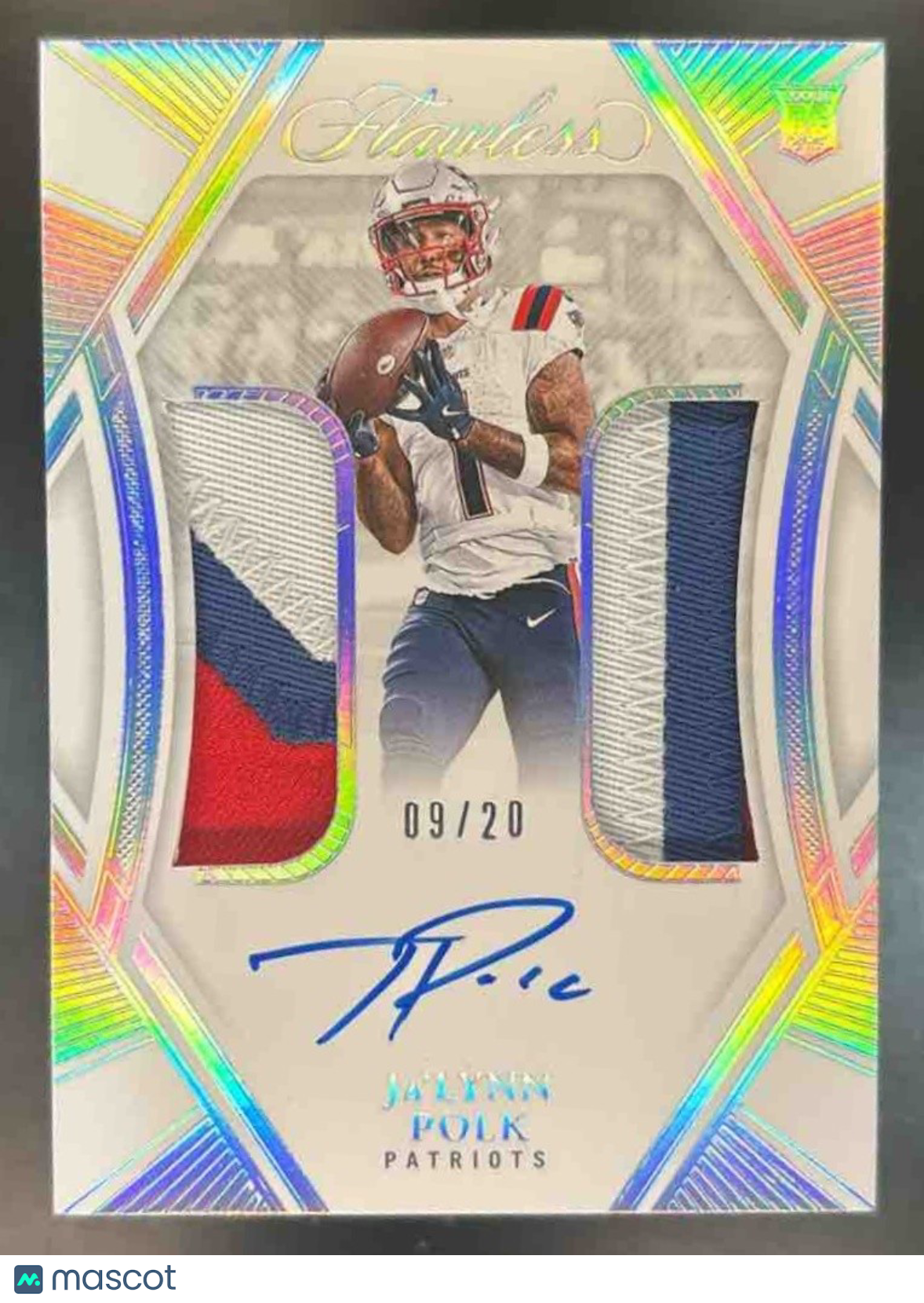 2024 Panini Flawless Ja’Lynn Polk Dual Patch Auto /20 MEM RC New England Patriot - Sports Cards