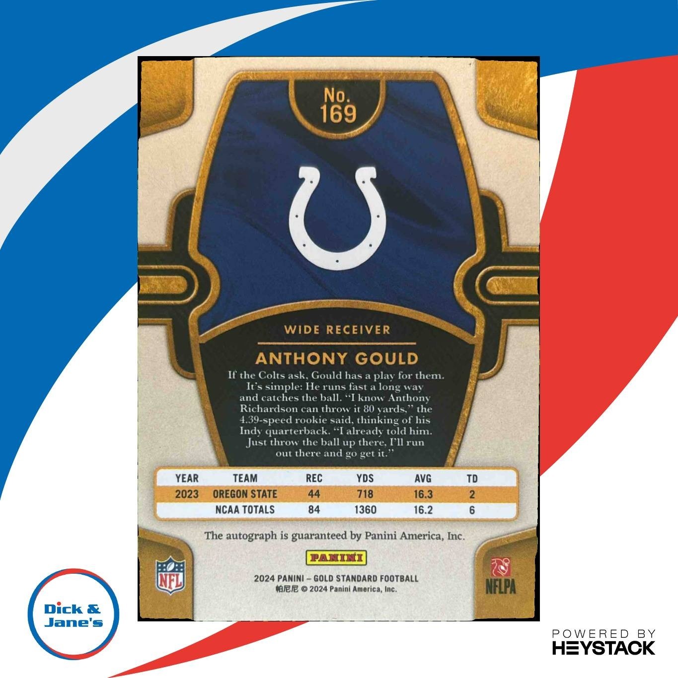 2024 Panini Gold Standard Anthony Gould Auto /299 #169 RC Indianapolis Colts - Sports Cards