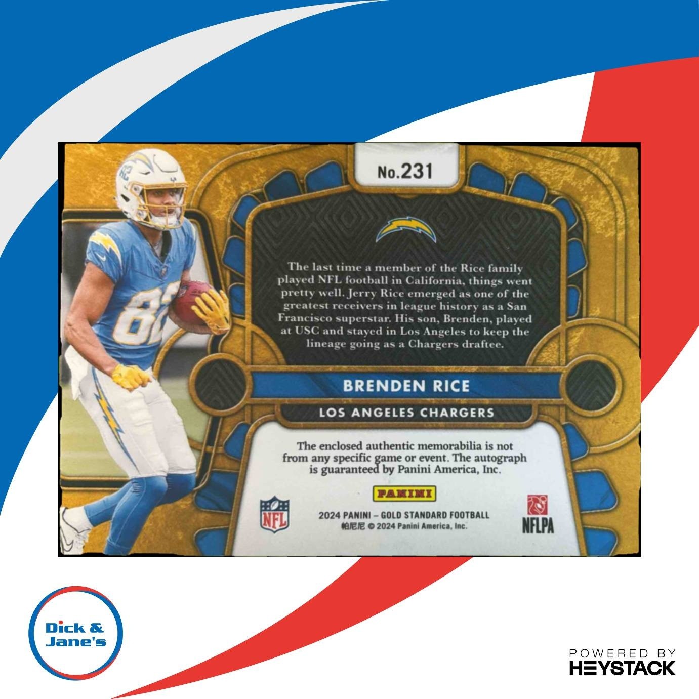 2024 Panini Gold Standard Brenden Rice #231 MEM Auto GOLD /10 RC Chargers - Sports Cards