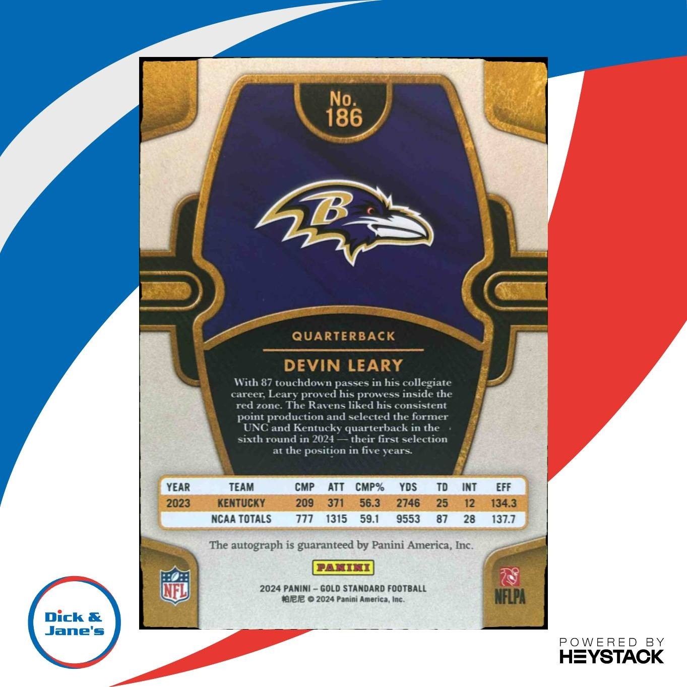 2024 Panini Gold Standard Devin Leary Auto 134/299 #186 Baltimore Ravens - Sports Cards